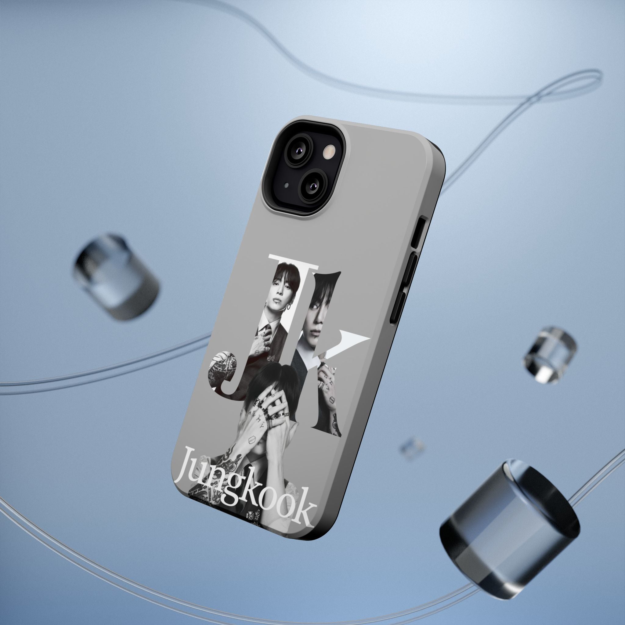 Monochrome BTS Jungkook phone case by Printify, impact-resistant design featuring bold letter and Jungkook's image.