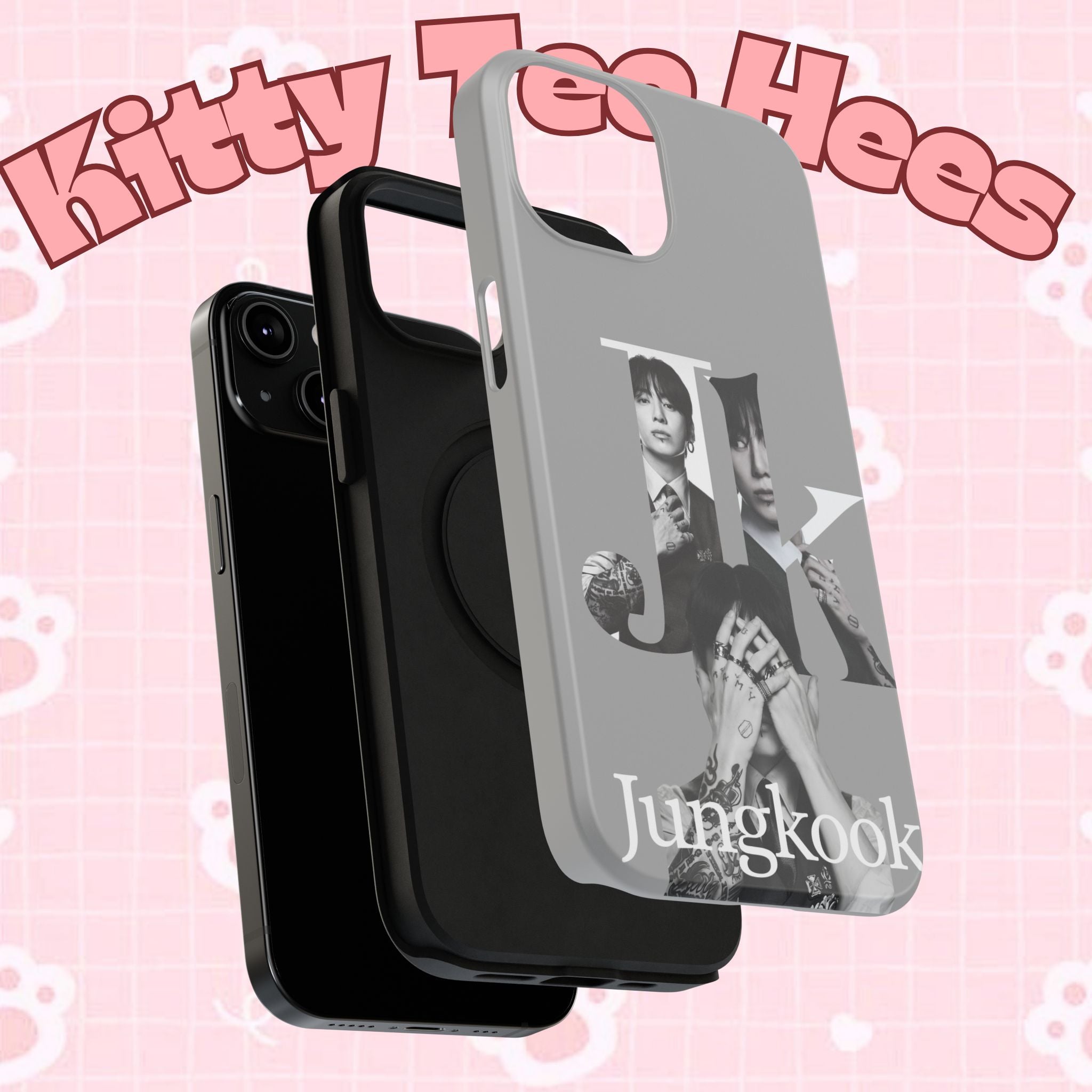 Monochrome BTS Jungkook phone case with impact-resistant design, featuring bold letter print and sleek style.
