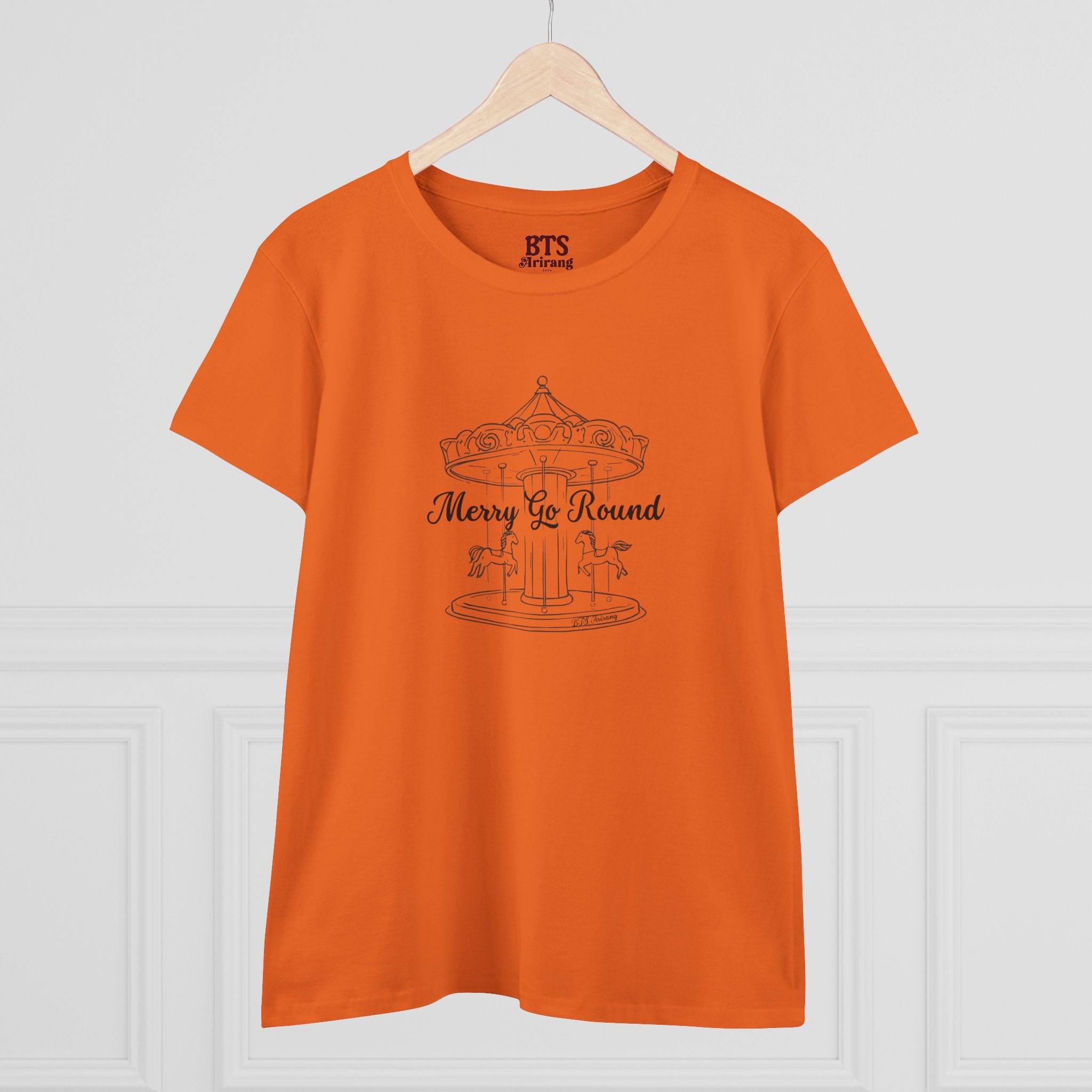 Printify Merry Go Round BTS Arirang 2026 album T-shirt with carousel sketch and lyric script back print, casual and stylish clothing.