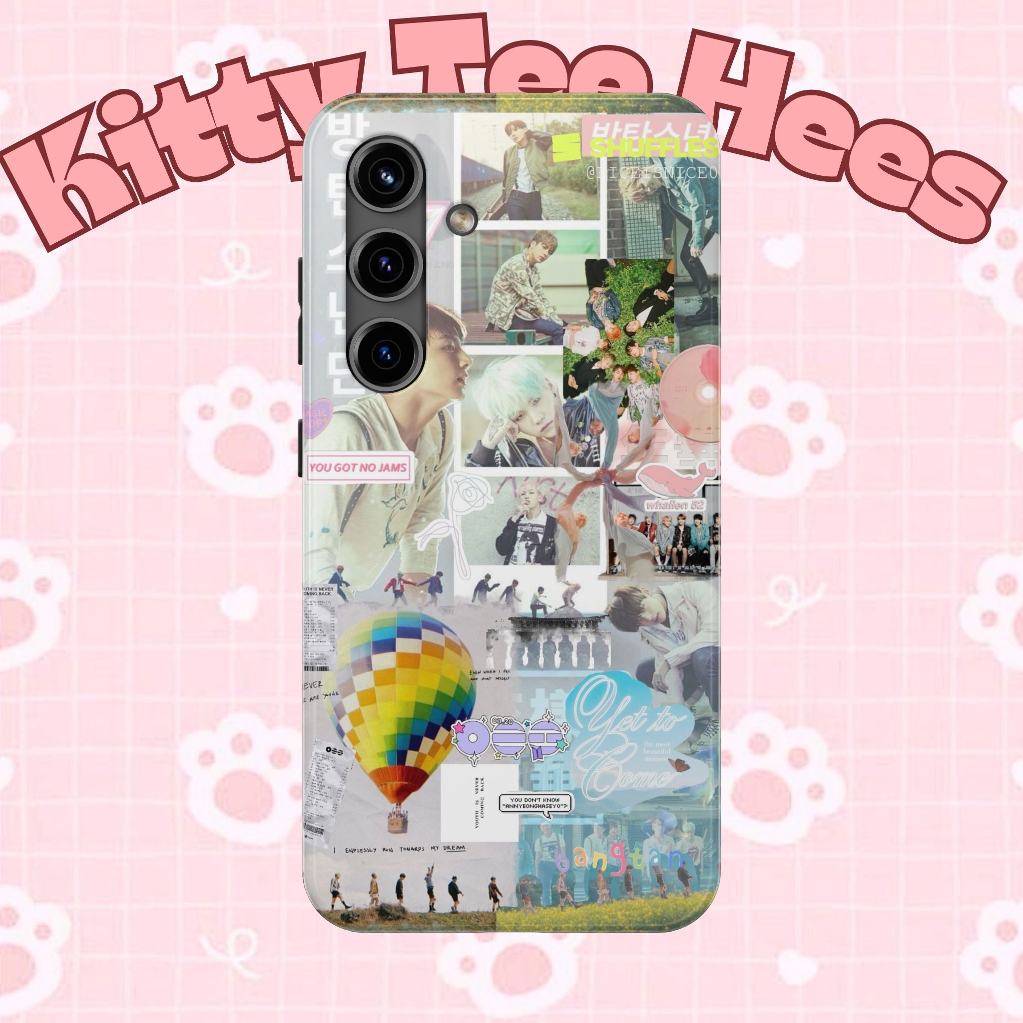 Printify BTS collage phone case for iPhone and Samsung with pastel hot air balloon and K-Pop photo collage design.