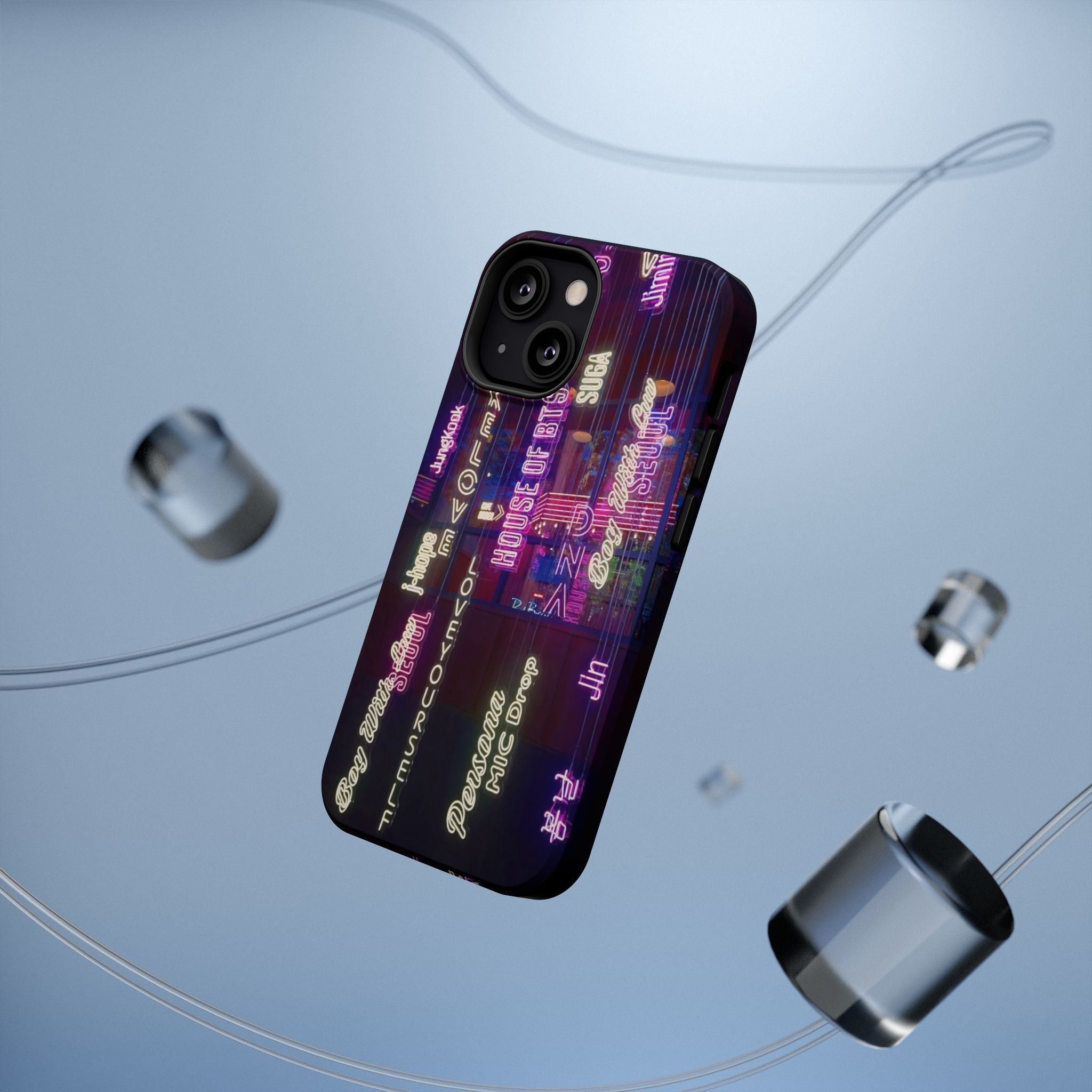 Neon Korean script BTS phone case for iPhone and Samsung, impact-resistant, featuring Bangtan Sonyeondan design.