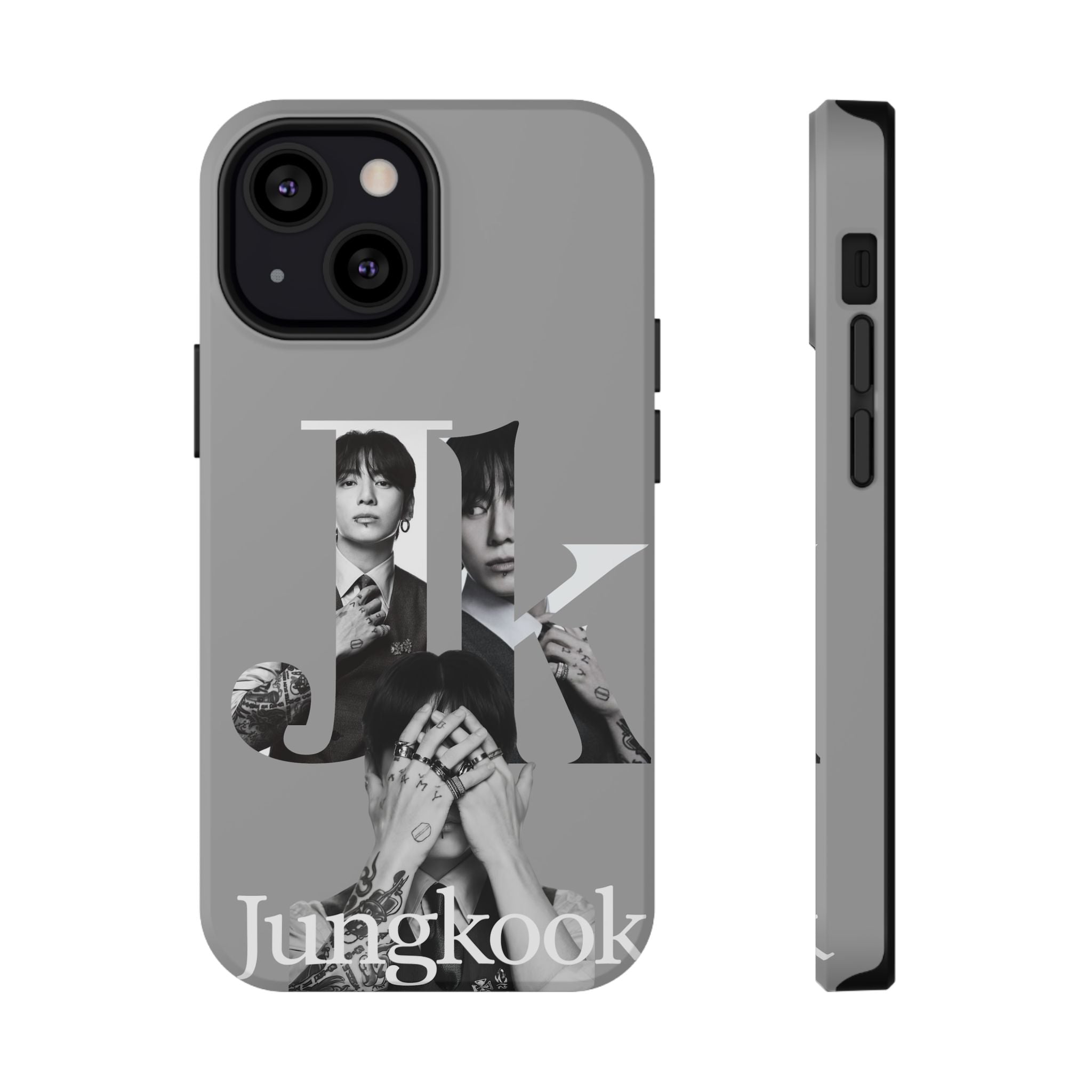 Monochrome BTS Jungkook phone case with letter design, impact-resistant Printify phone cover featuring Jungkook's image and branding.