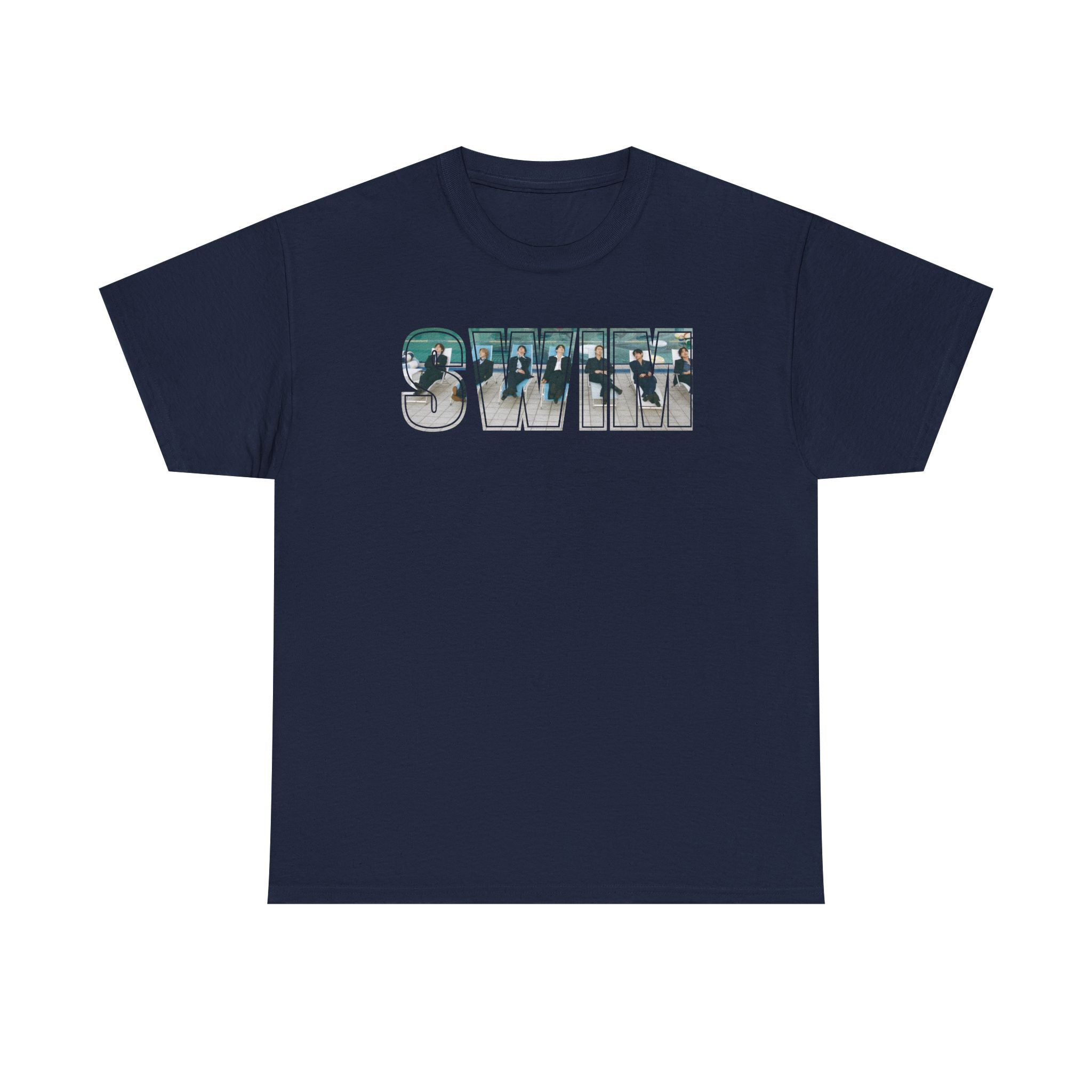 Printify BTS swim graphic T-shirt featuring a pool scene and "I could spend a lifetime watching you swim" slogan on the back.