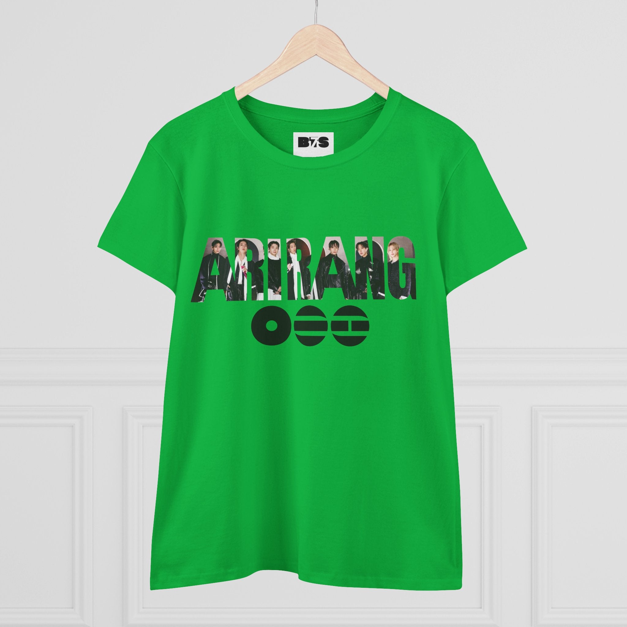 BTS ARIRANG graphic T-shirt featuring BTS logo and member names in colorful print, casual style by Printify.