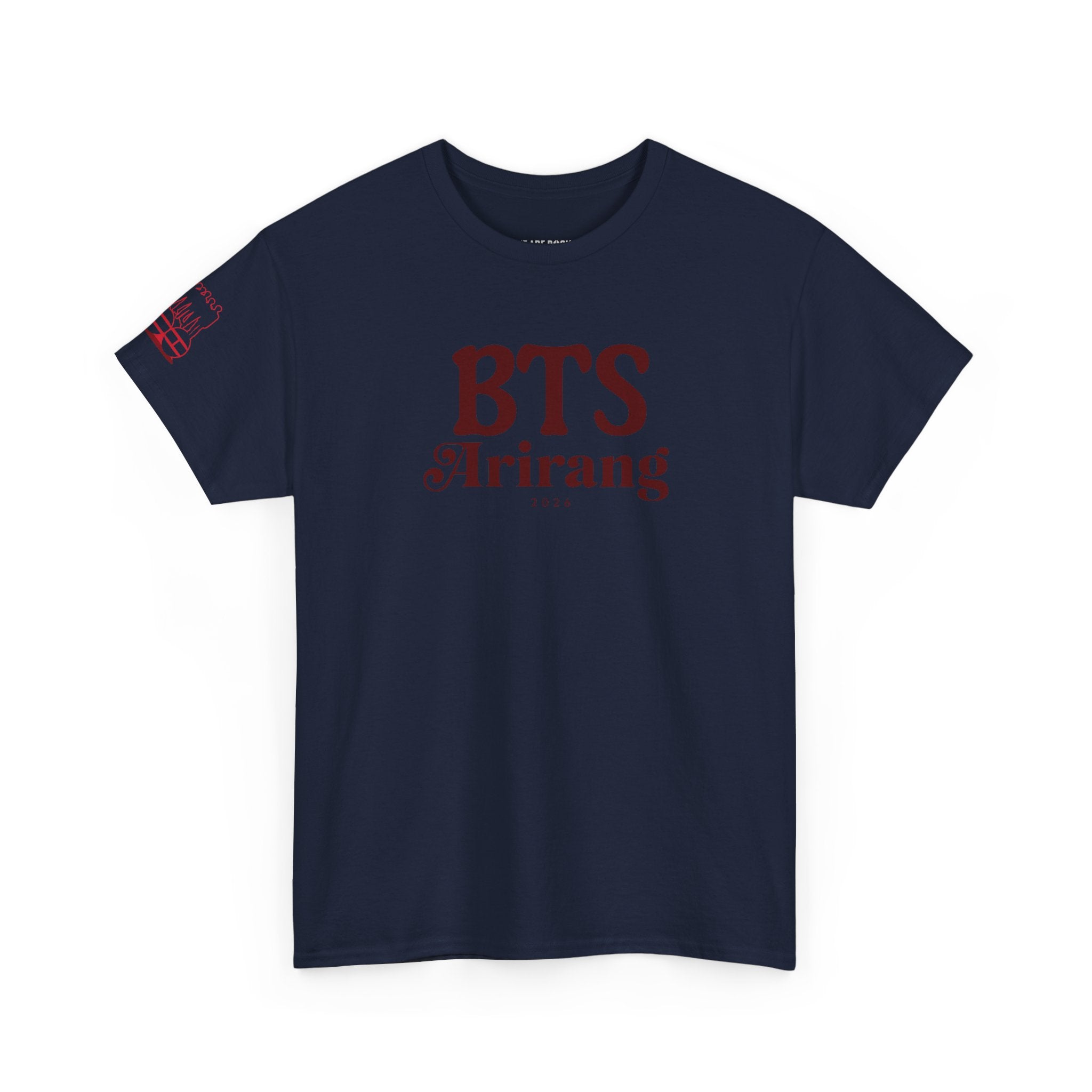 BTS Arirang T-shirt featuring Korean Hangul and BTS World Tour design, casual fit for concert and fanwear.