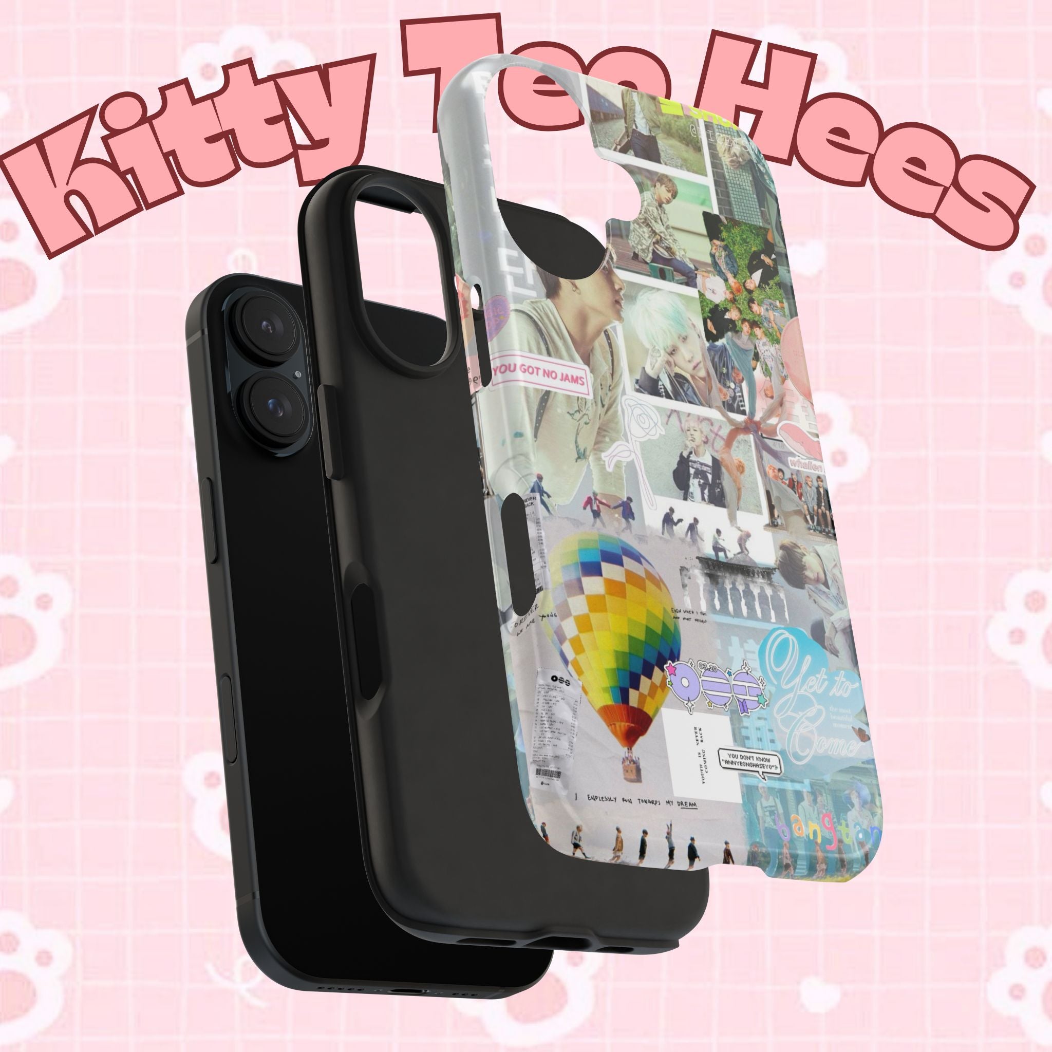 Printify BTS collage phone case for iPhone and Samsung featuring pastel hot air balloon and K-Pop photo collage design.