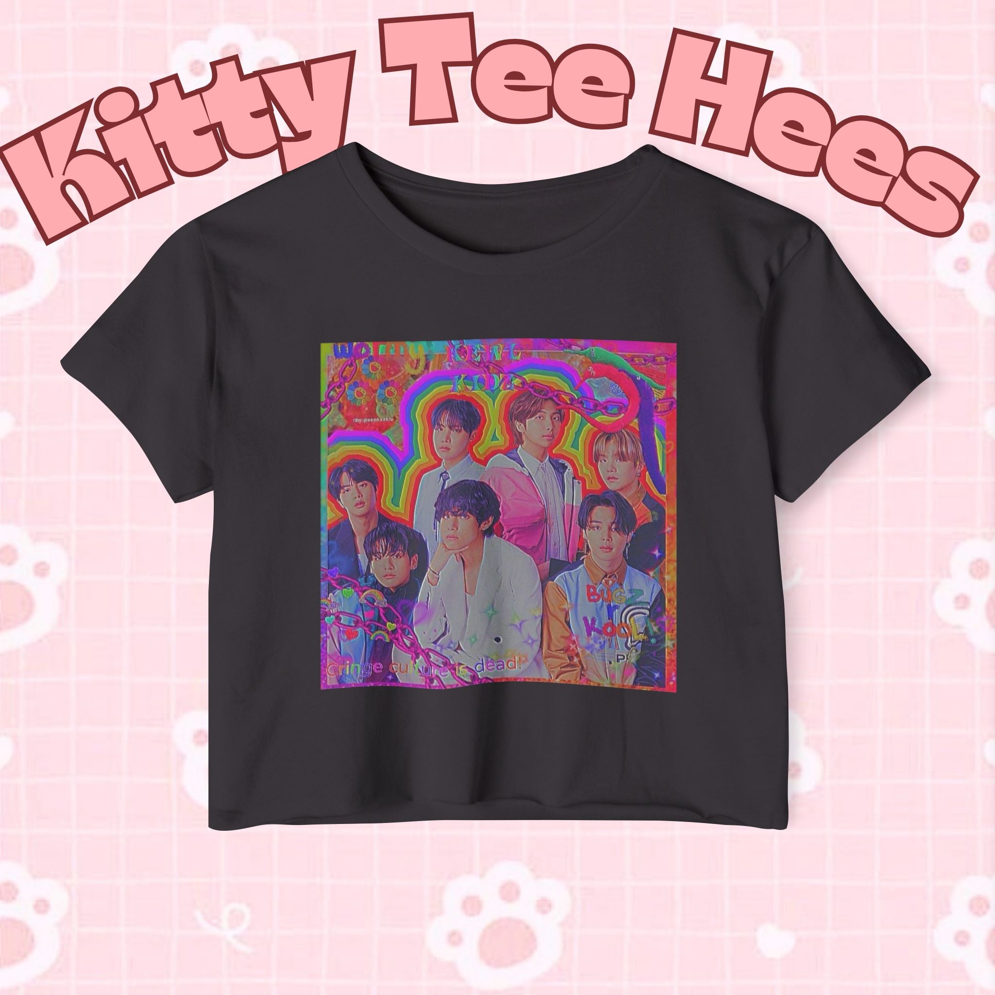 Colorful BTS kidcore T-shirt featuring a Bangtan Boys group photo, women's crop top perfect for K-pop fans and festivals.
