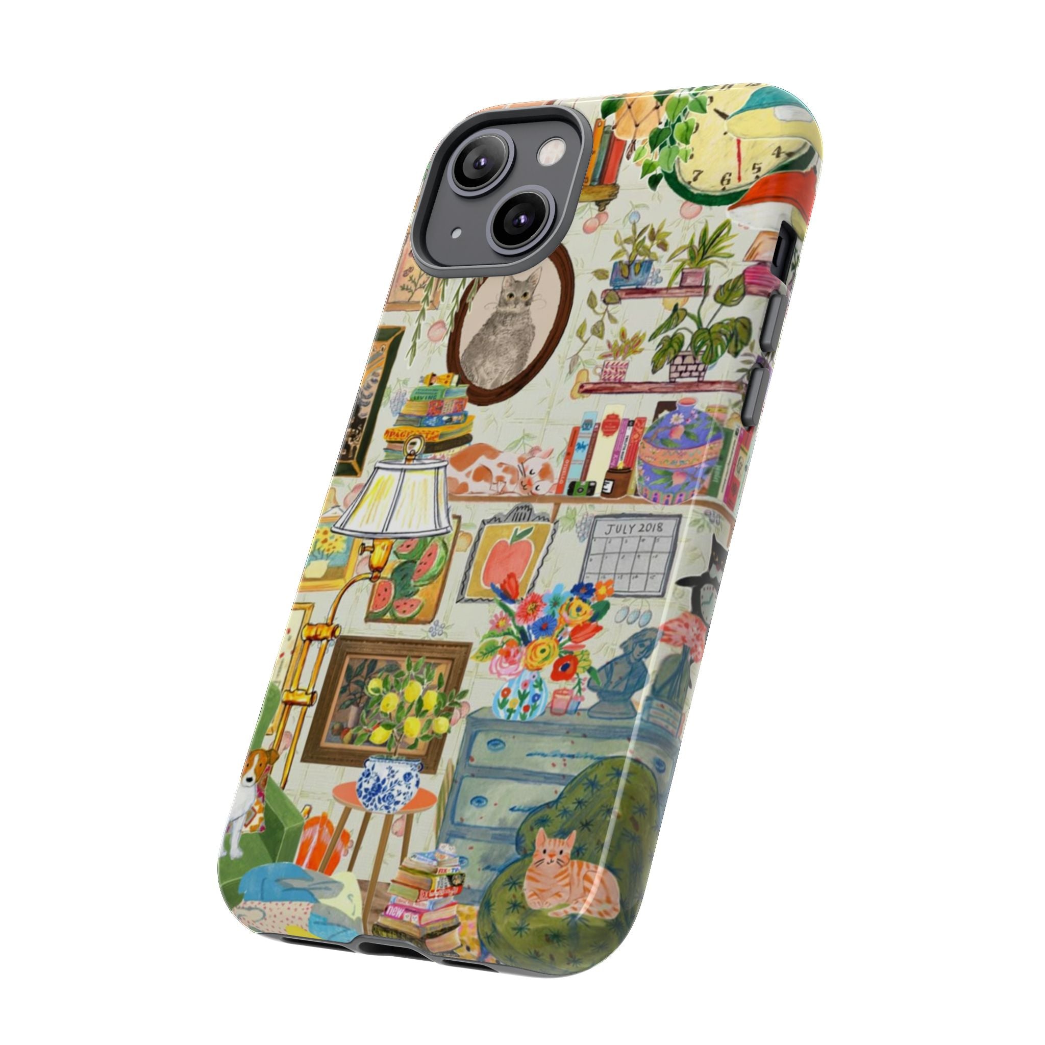 Cute cat portrait phone case for iPhone 17 by Printify, featuring a cozy living room pet home design in stylish, protective case.