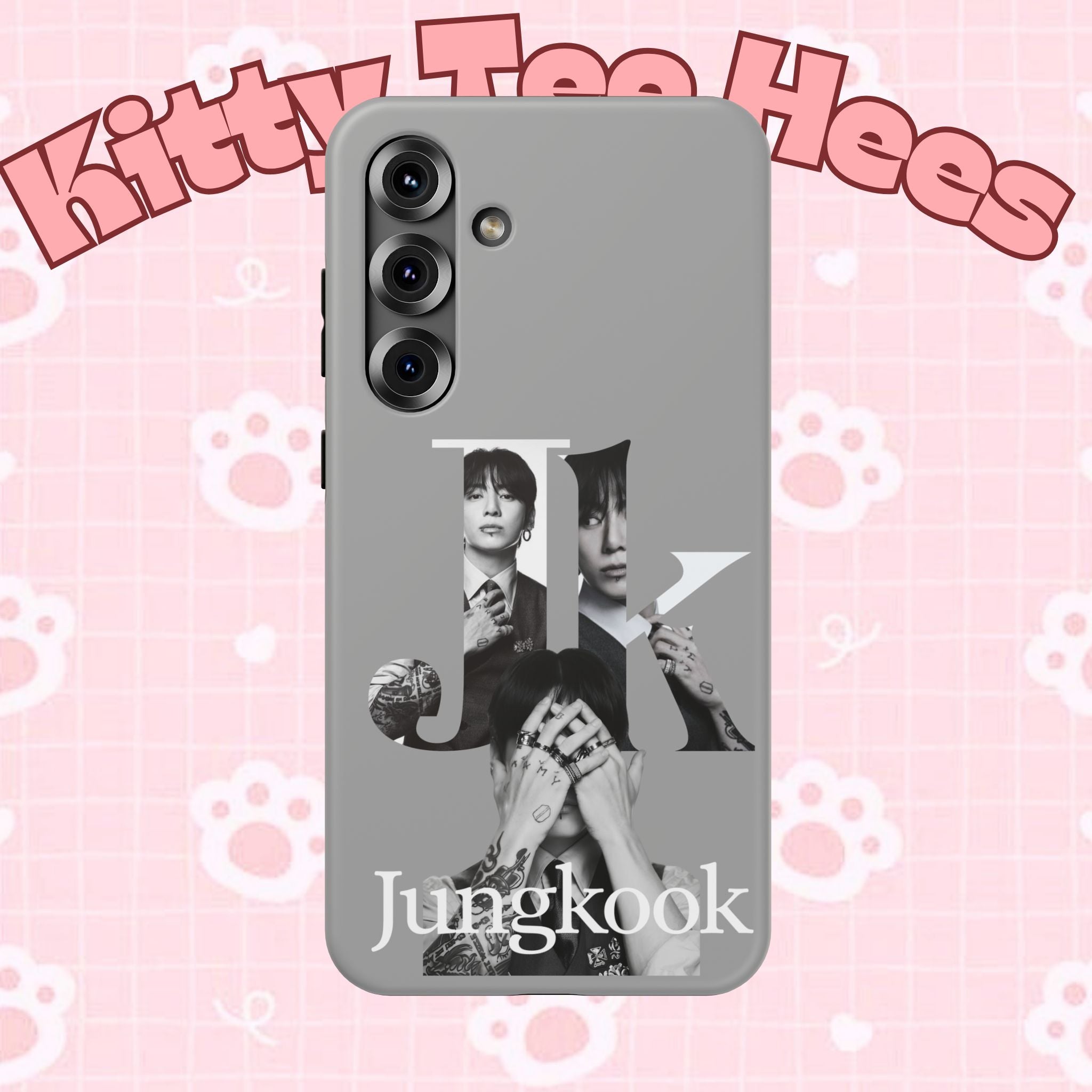 Monochrome BTS Jungkook phone case with letter design, impact-resistant material, custom Printify logo, fits smartphone.