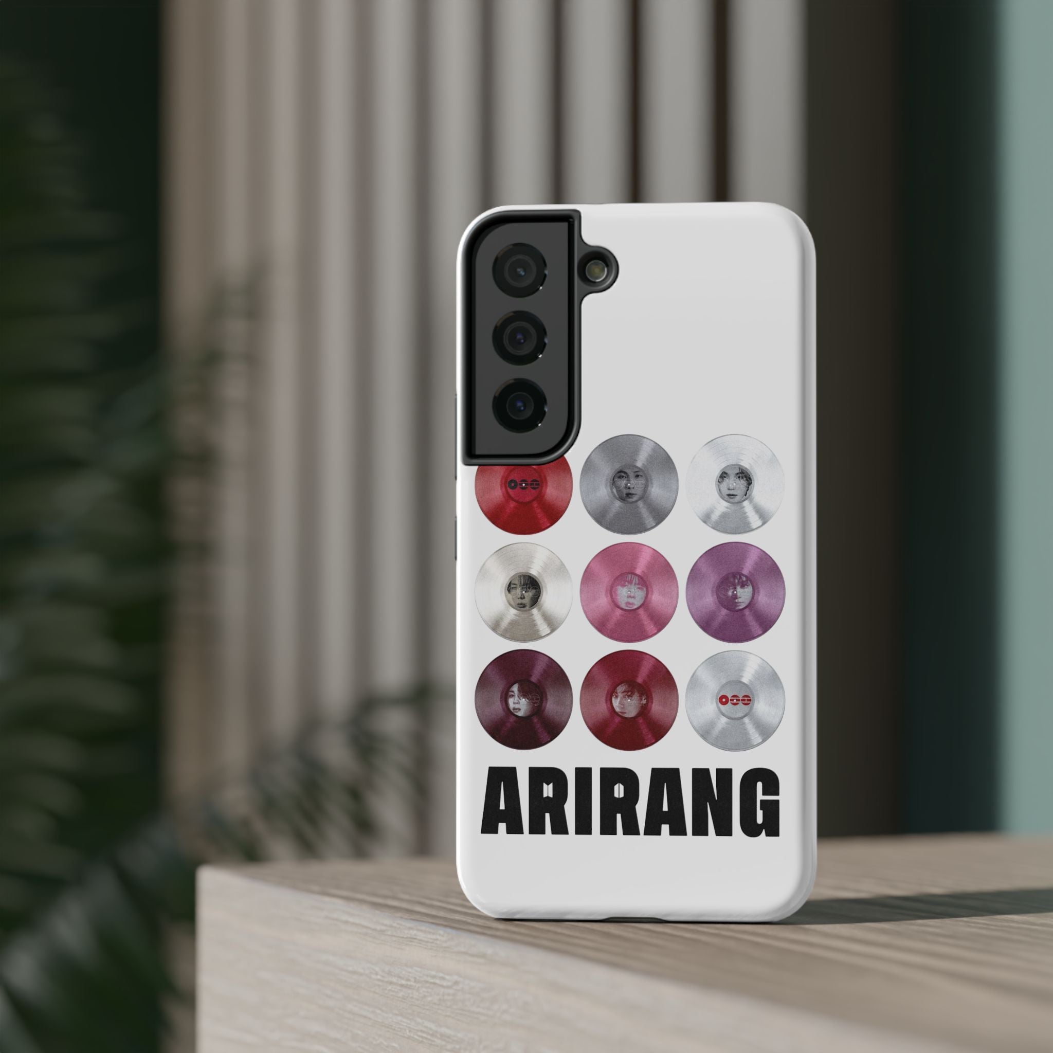 Printify BTS Arirang vinyl record grid phone case featuring impact-resistant design with BTS fan merch artwork.