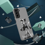 Monochrome BTS Jungkook phone case by Printify, impact-resistant design featuring letter and portrait of BTS member Jungkook.