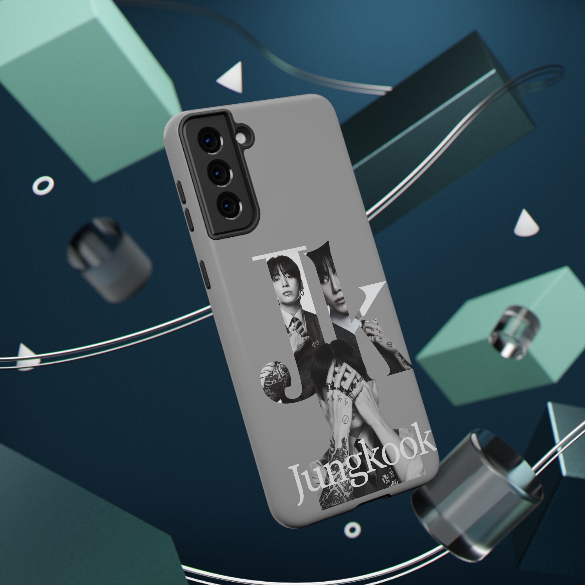 Monochrome BTS Jungkook phone case by Printify, impact-resistant design featuring letter and portrait of BTS member Jungkook.