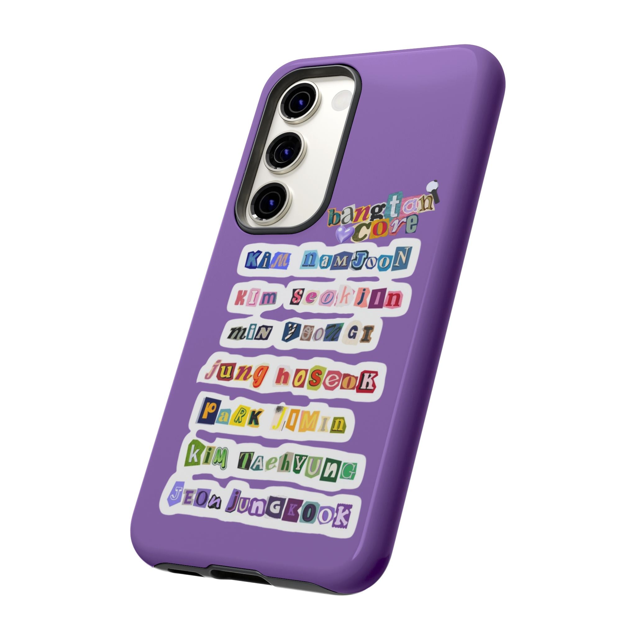 Printify BTS member names phone case featuring Jungkook, Jimin, and RM for iPhone 17, with a tough protective design.