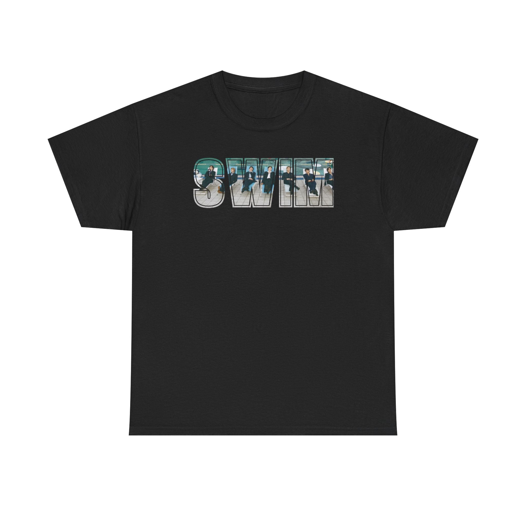 Printify BTS swim graphic T-shirt featuring a pool design and Bangtan back print, casual BTS concert tee for fans and everyday wear.