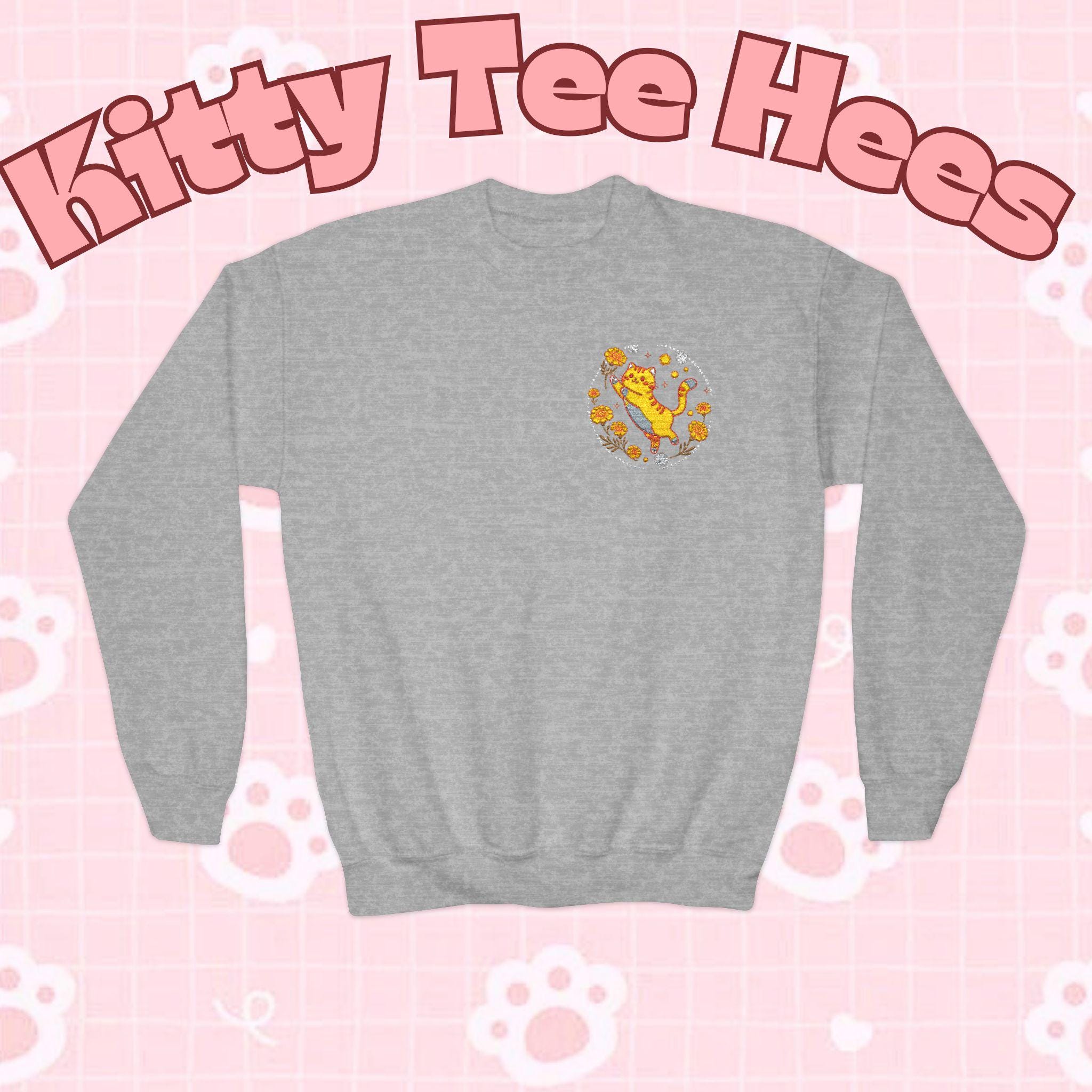 Embroidered Kitty Sweatshirt, Marigold Puff, Kids Cotton-Poly Blend - Kitty TeeHees