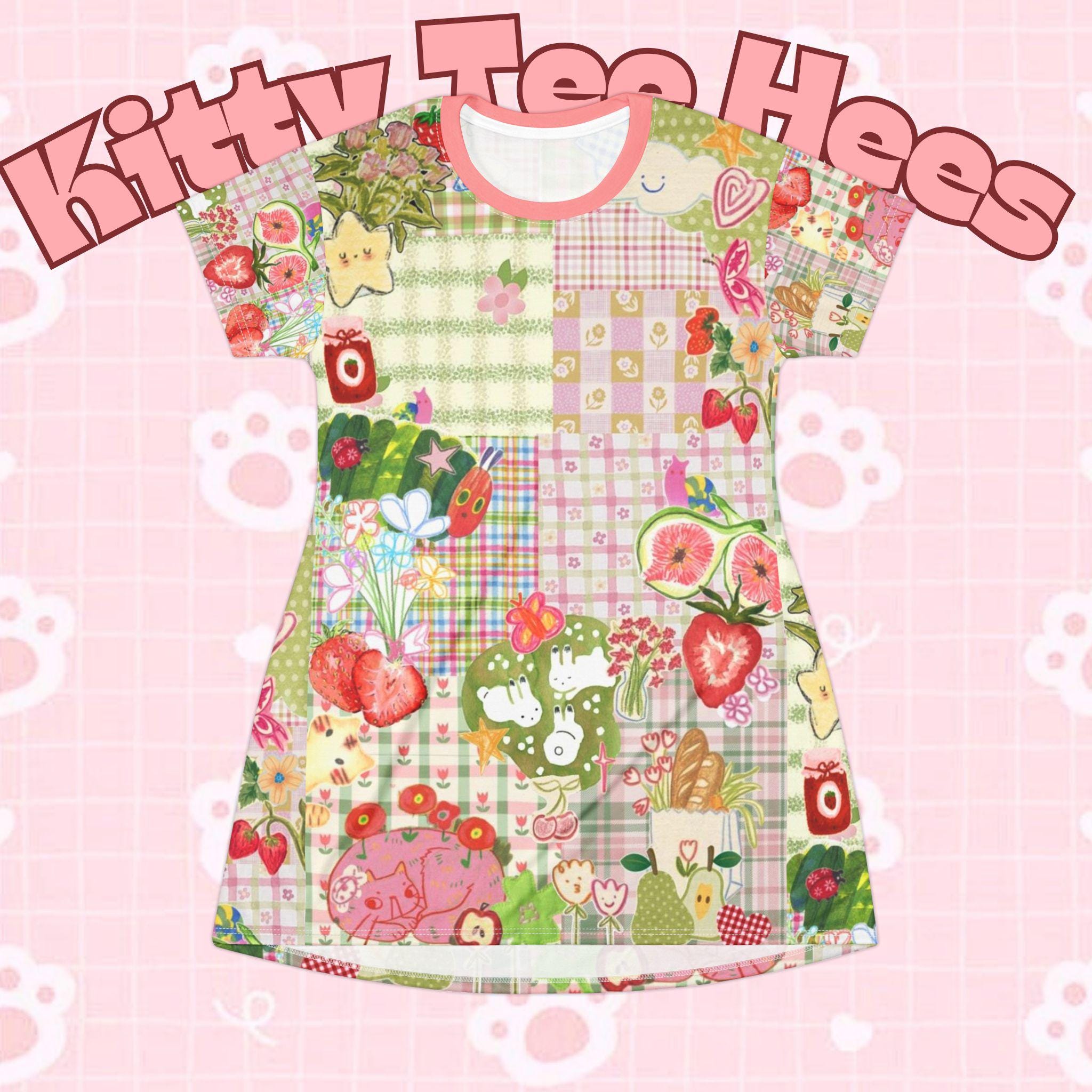 Patchwork T-Shirt Dress, Fruit & Nature Print, Fun Fashion - Kitty TeeHees