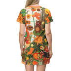 Beary Woods T-Shirt Dress, Whimsical Animal Print - Kitty TeeHees