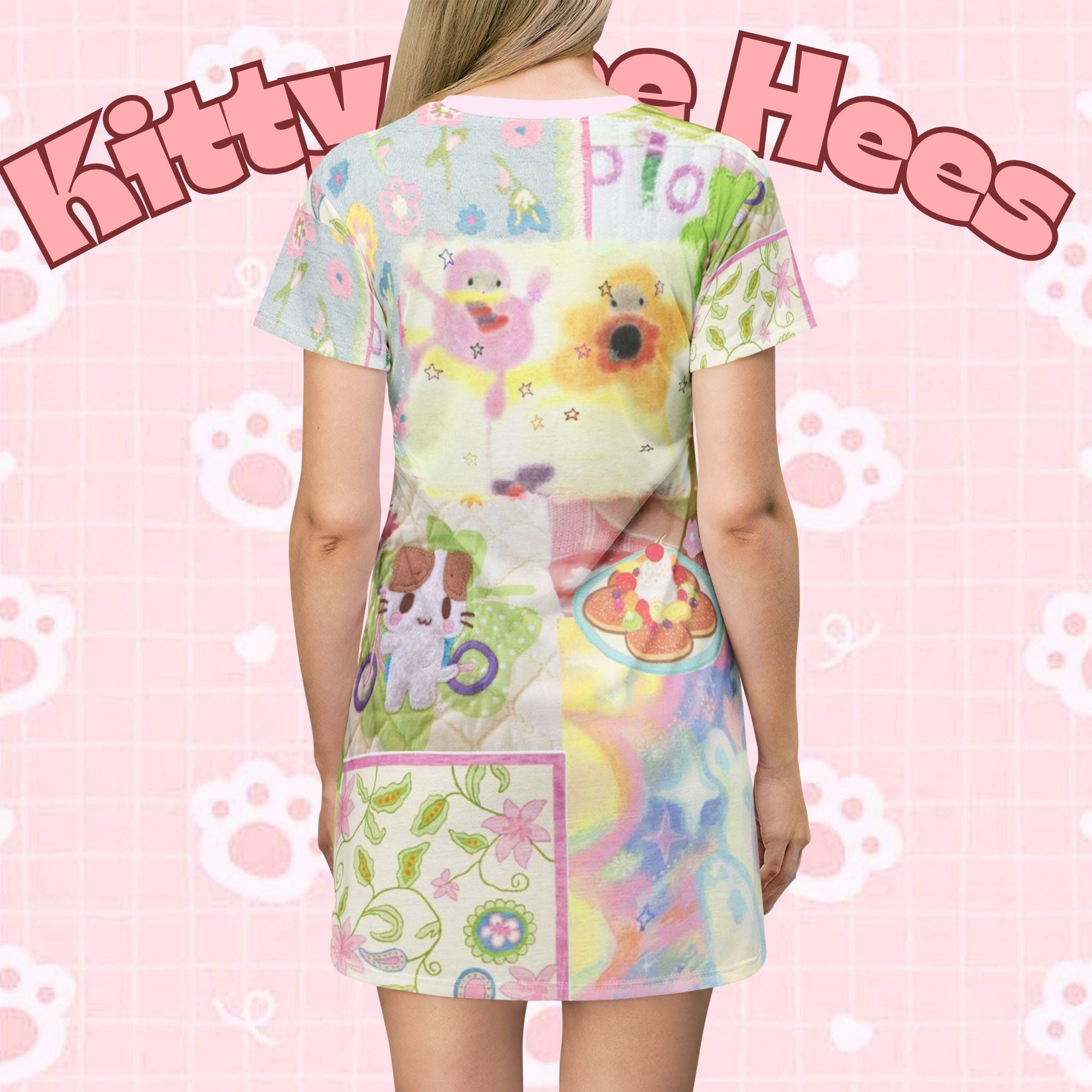Cotton candy dreams kitty T-Shirt Dress, Kawaii Fashion, Pastel Aesthetic Dress, Summer Casual Wear, Unique Gift for Cat Lovers, Adorabe - Kitty TeeHees