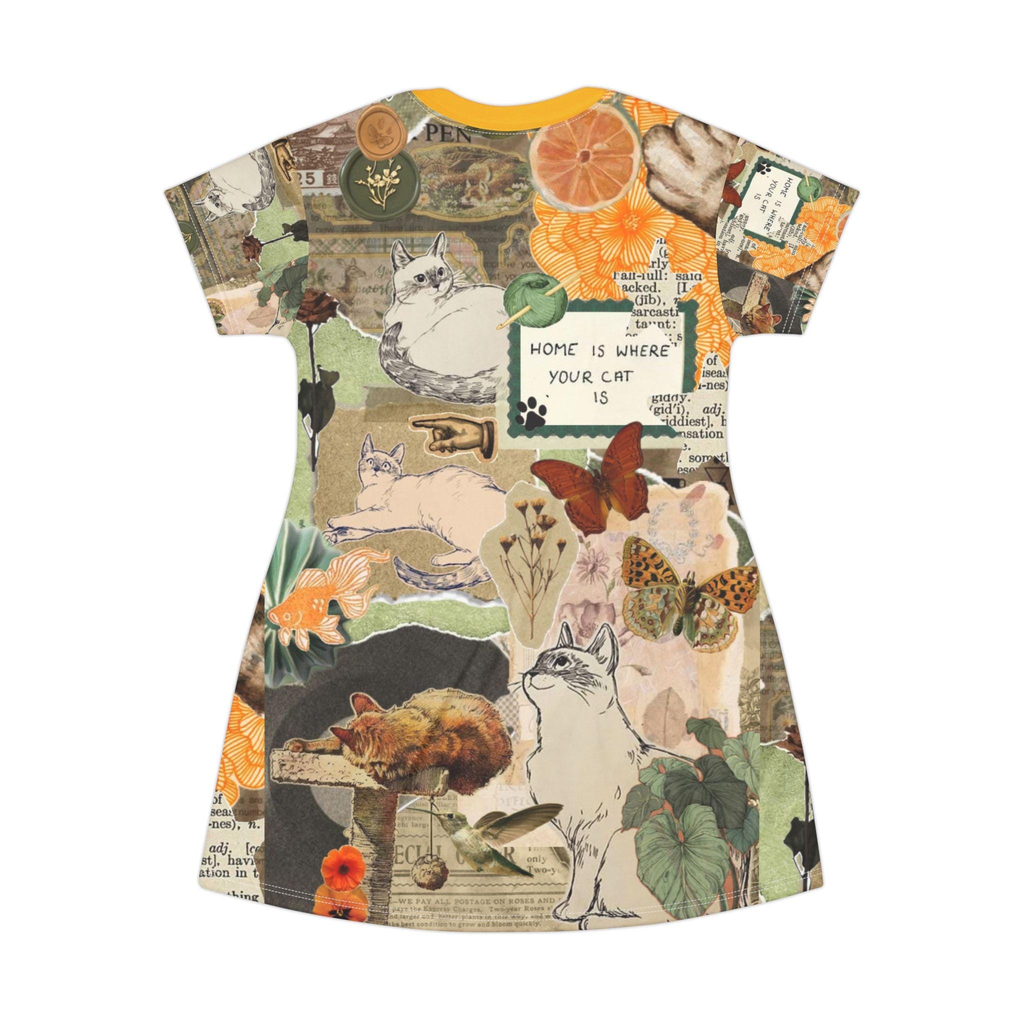 Newspaper Cat Print T-Shirt Dress: Cottagecore Summer Fashion - Kitty TeeHees