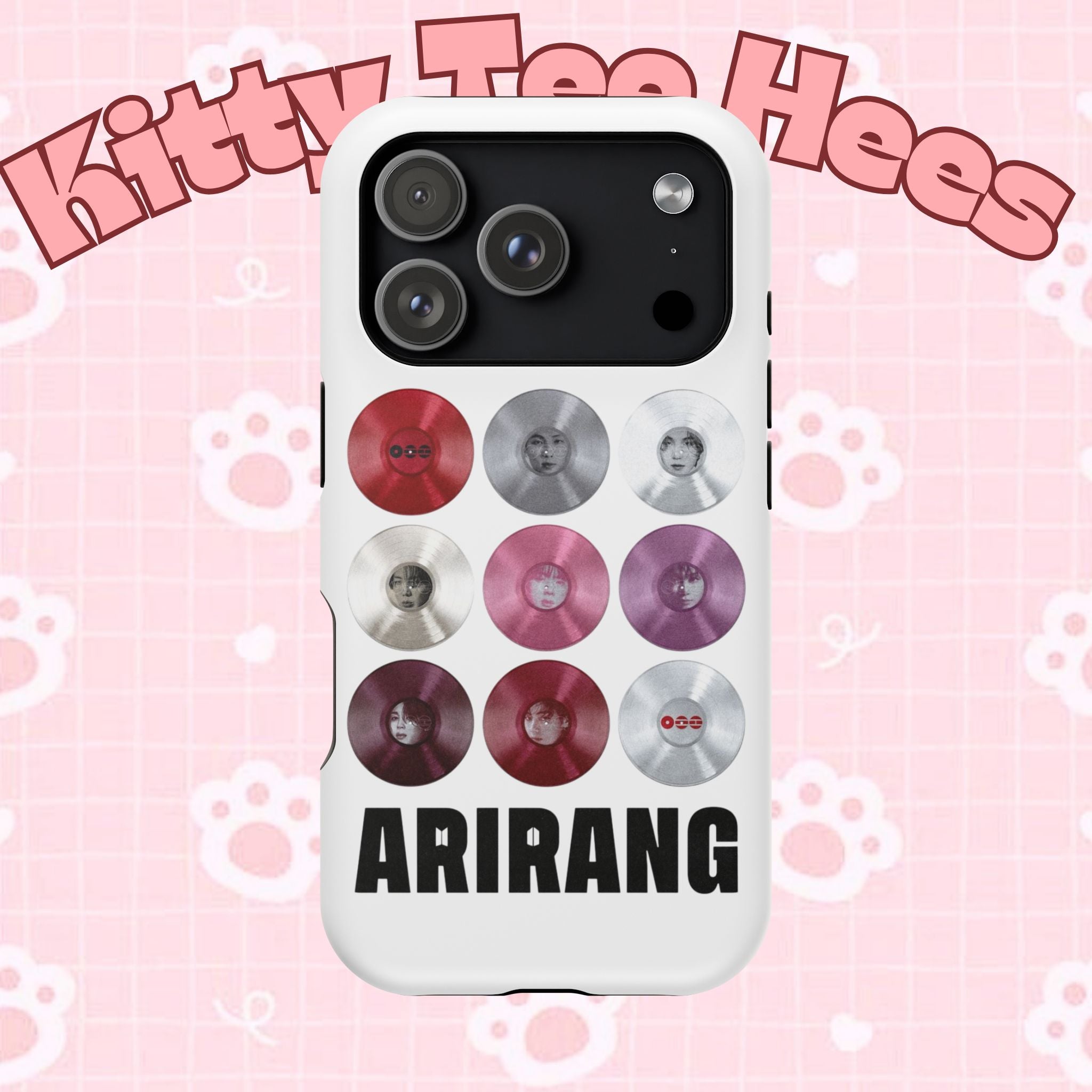 Printify BTS Arirang vinyl record grid phone case with impact-resistant design, featuring cool BTS fan merchandise artwork.