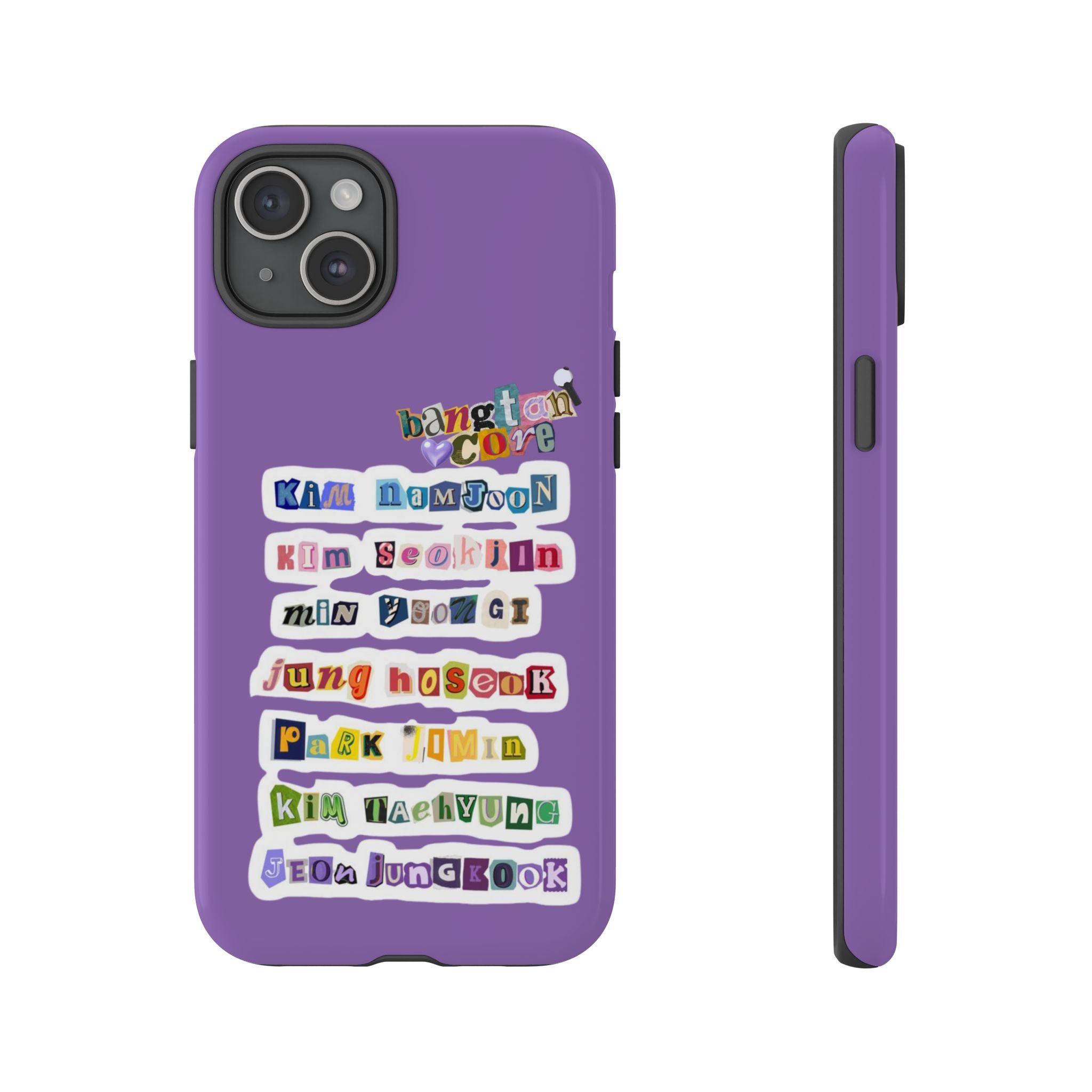 Printify BTS member names phone case featuring Jungkook, Jimin, and Rap Monster for iPhone 17, with a tough protective design.