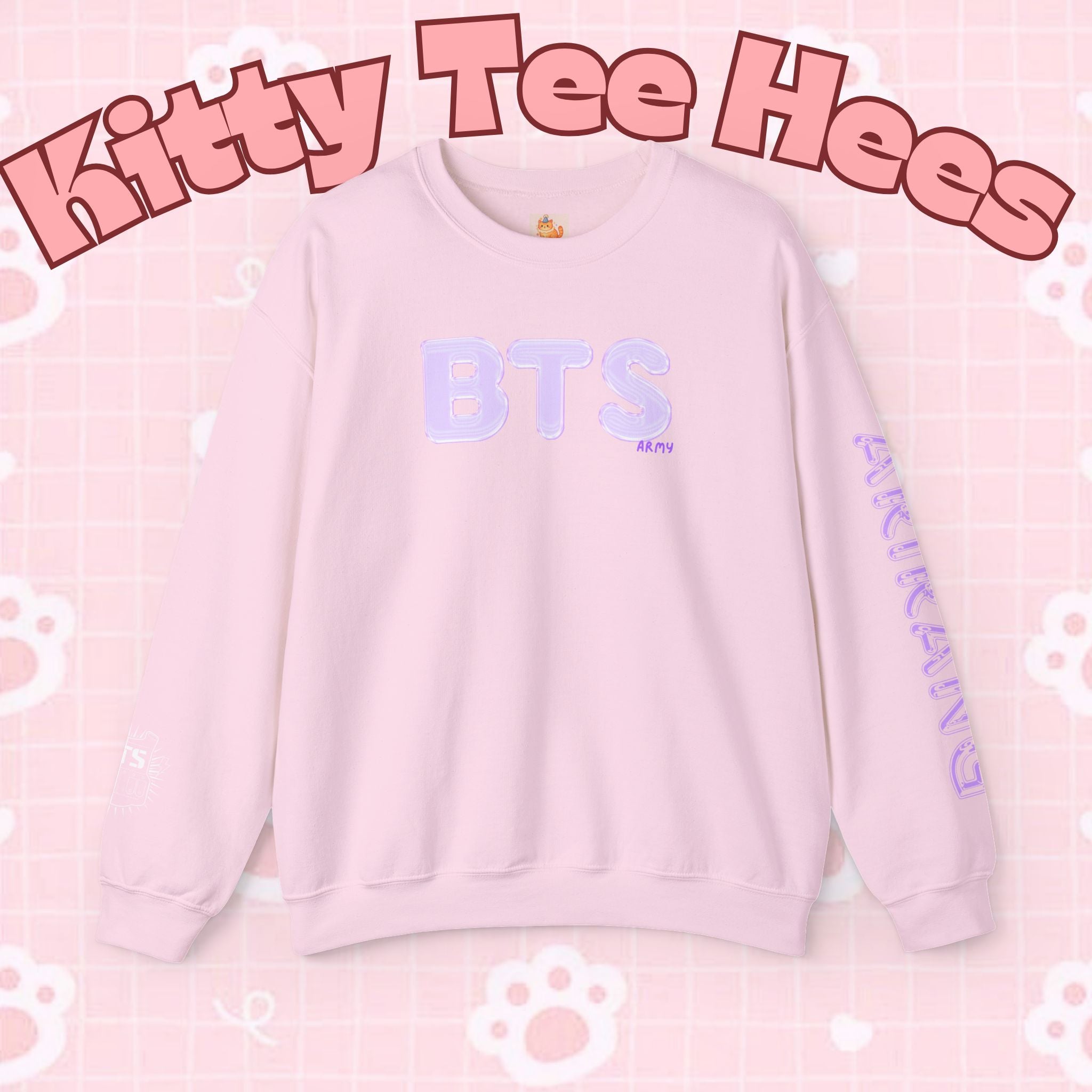 Lavender BTS Logo Arirang Crewneck Sweatshirt featuring band logo and comeback design, casual K-pop concert sweater by Printify.