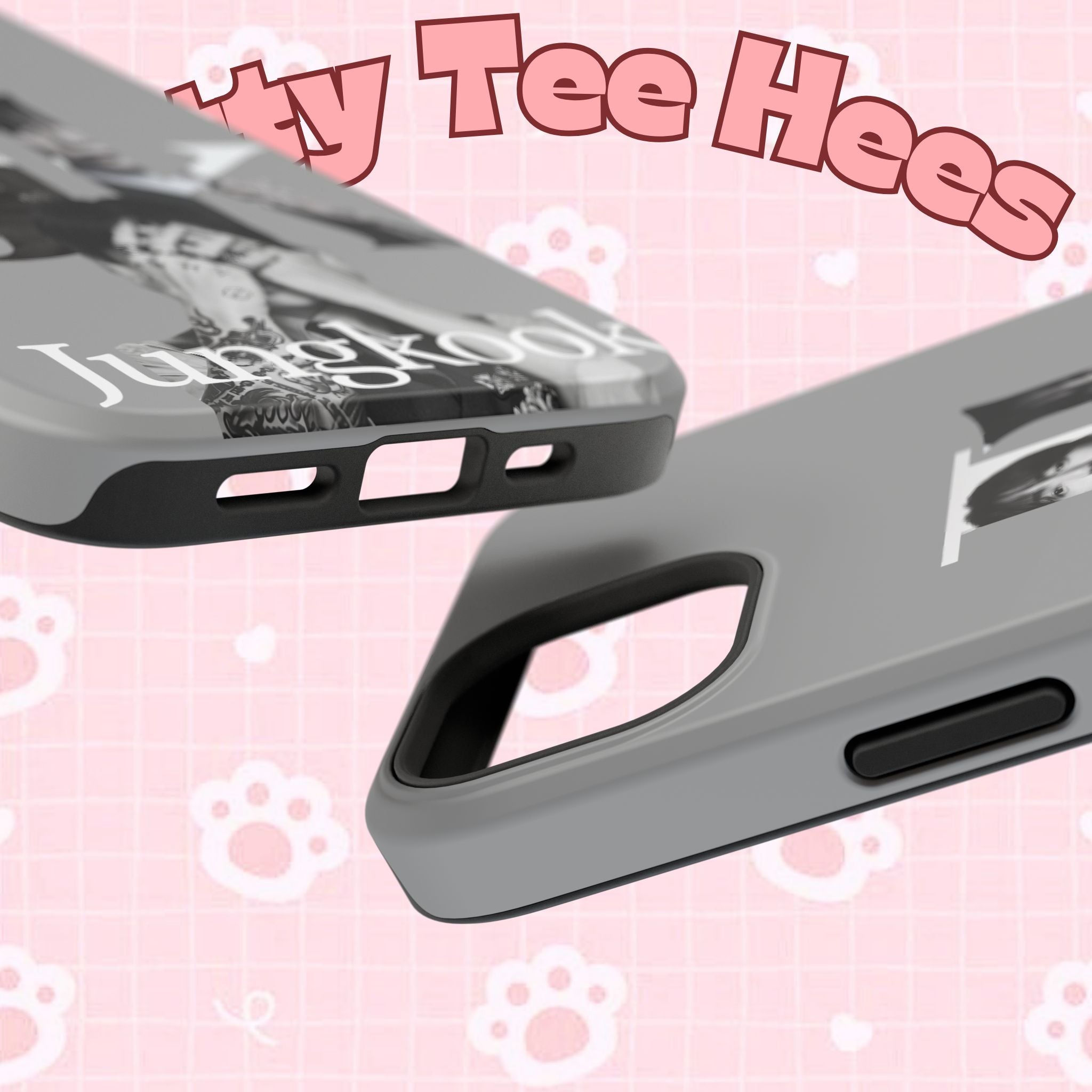 Printify BTS Jungkook monochrome impact-resistant phone case featuring bold letter design for Samsung and iPhone models.