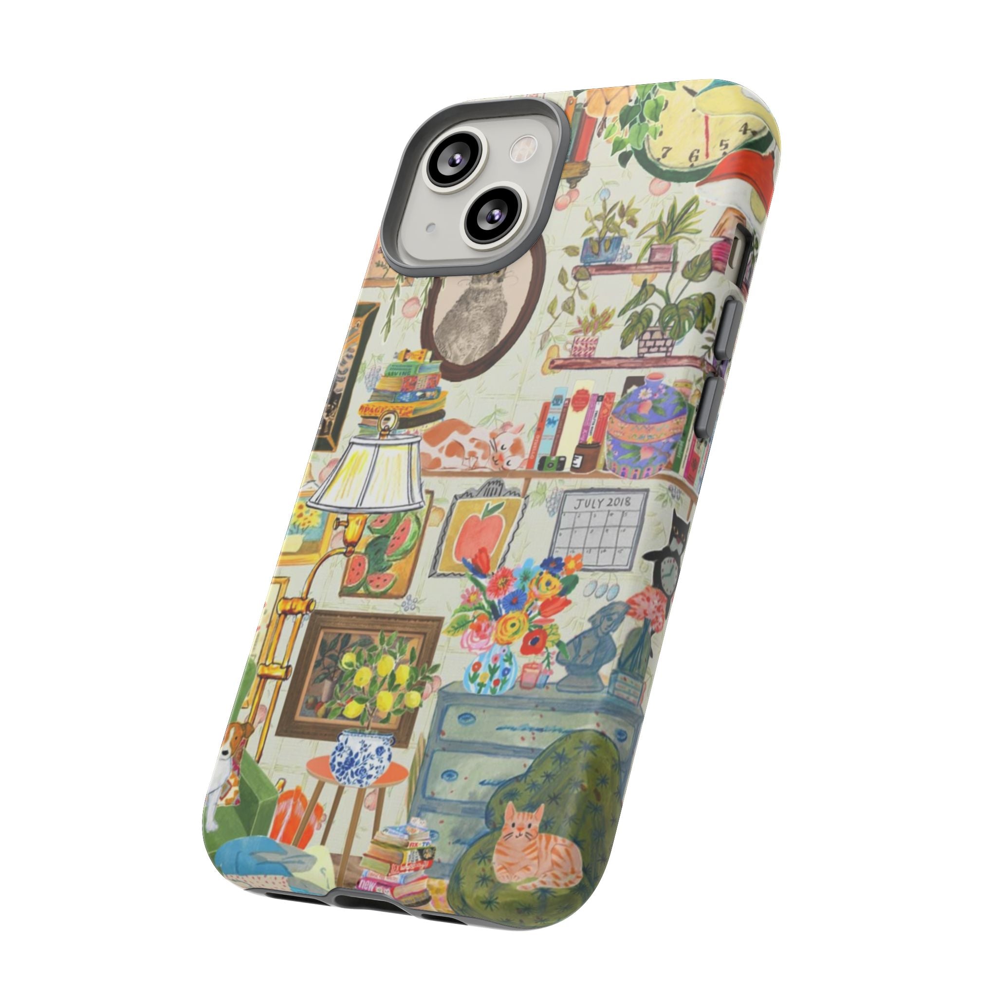 Cute cat portrait phone case for iPhone 17, stylish Printify framed living room pet design on protective case.