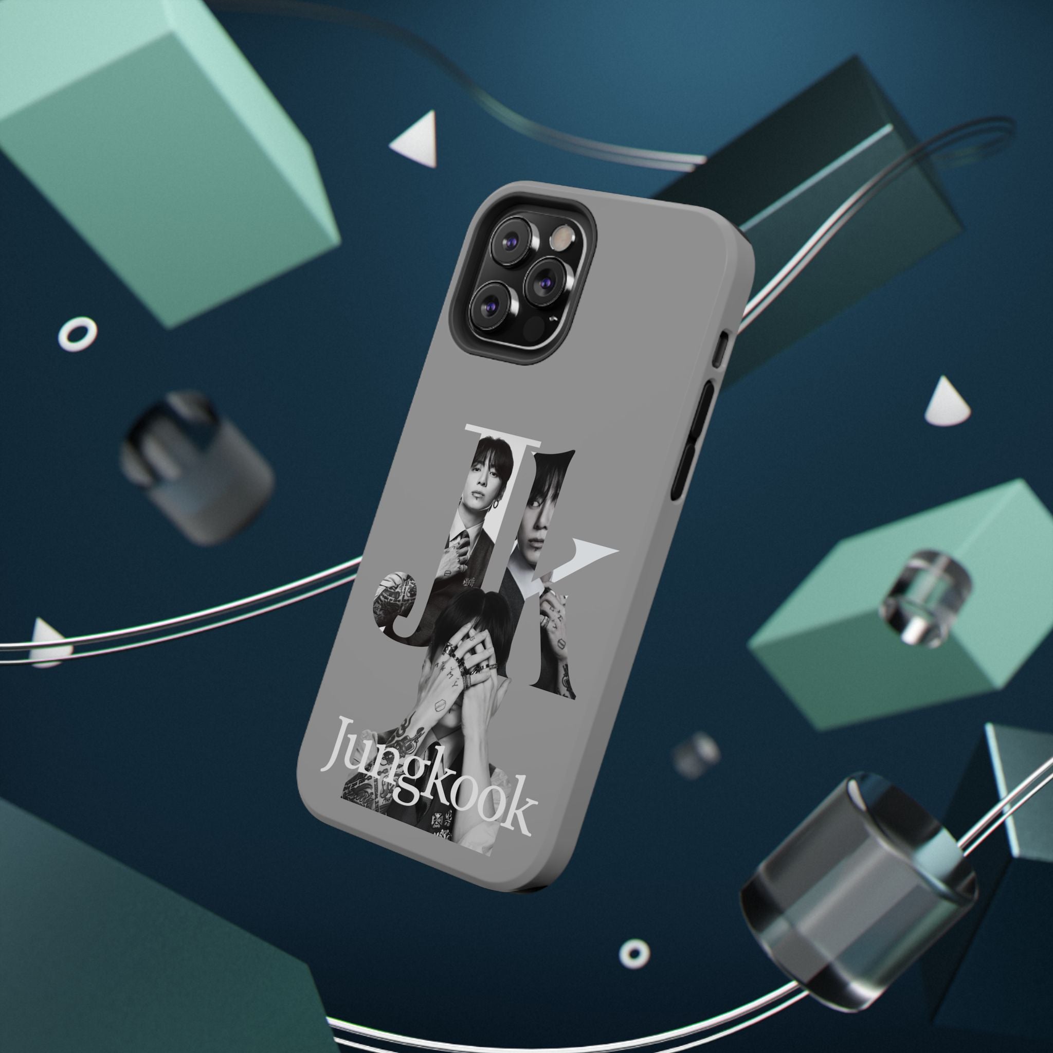 Monochrome Jungkook phone case by Printify featuring bold letter design, impact-resistant material, suitable for BTS fans.
