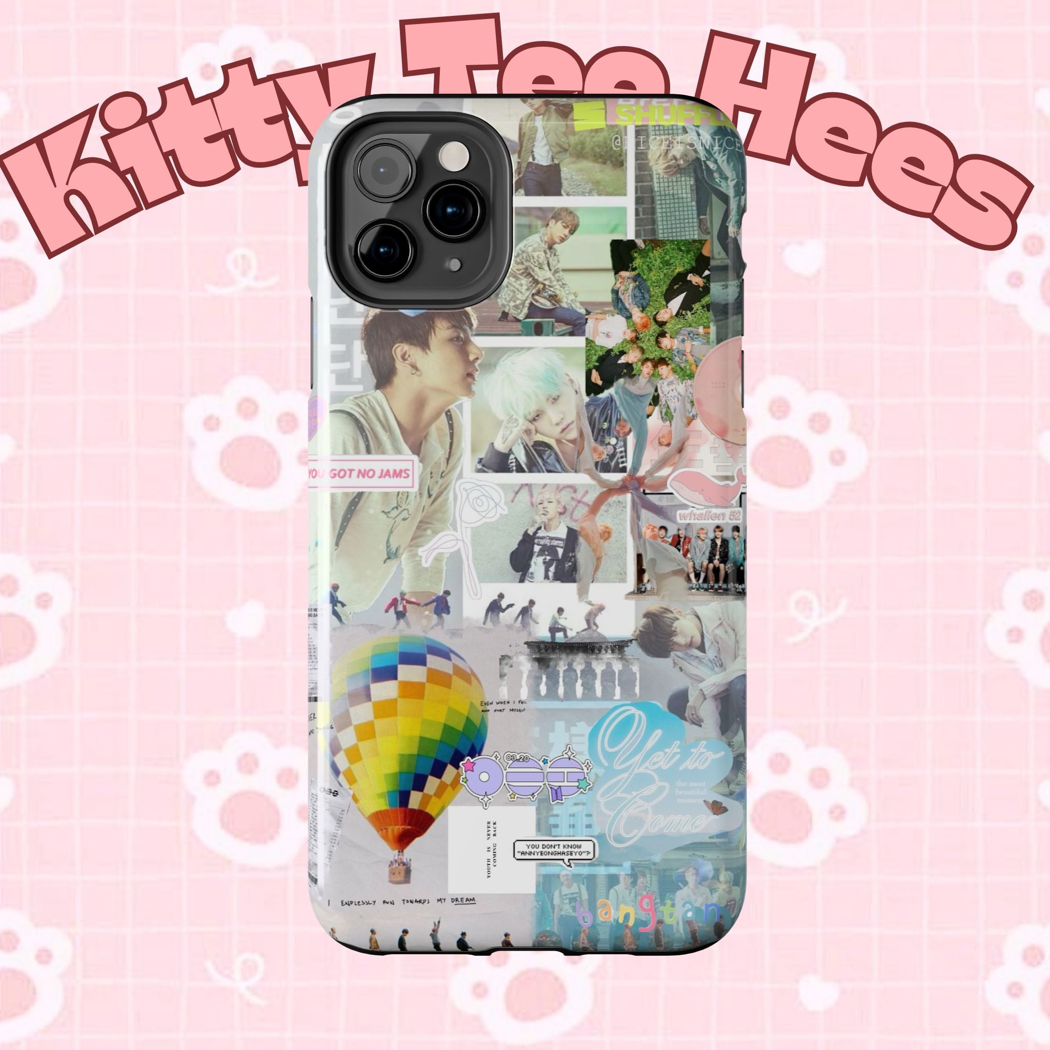 Printify BTS collage phone case for iPhone and Samsung featuring pastel hot air balloon and K-pop photo collage design.