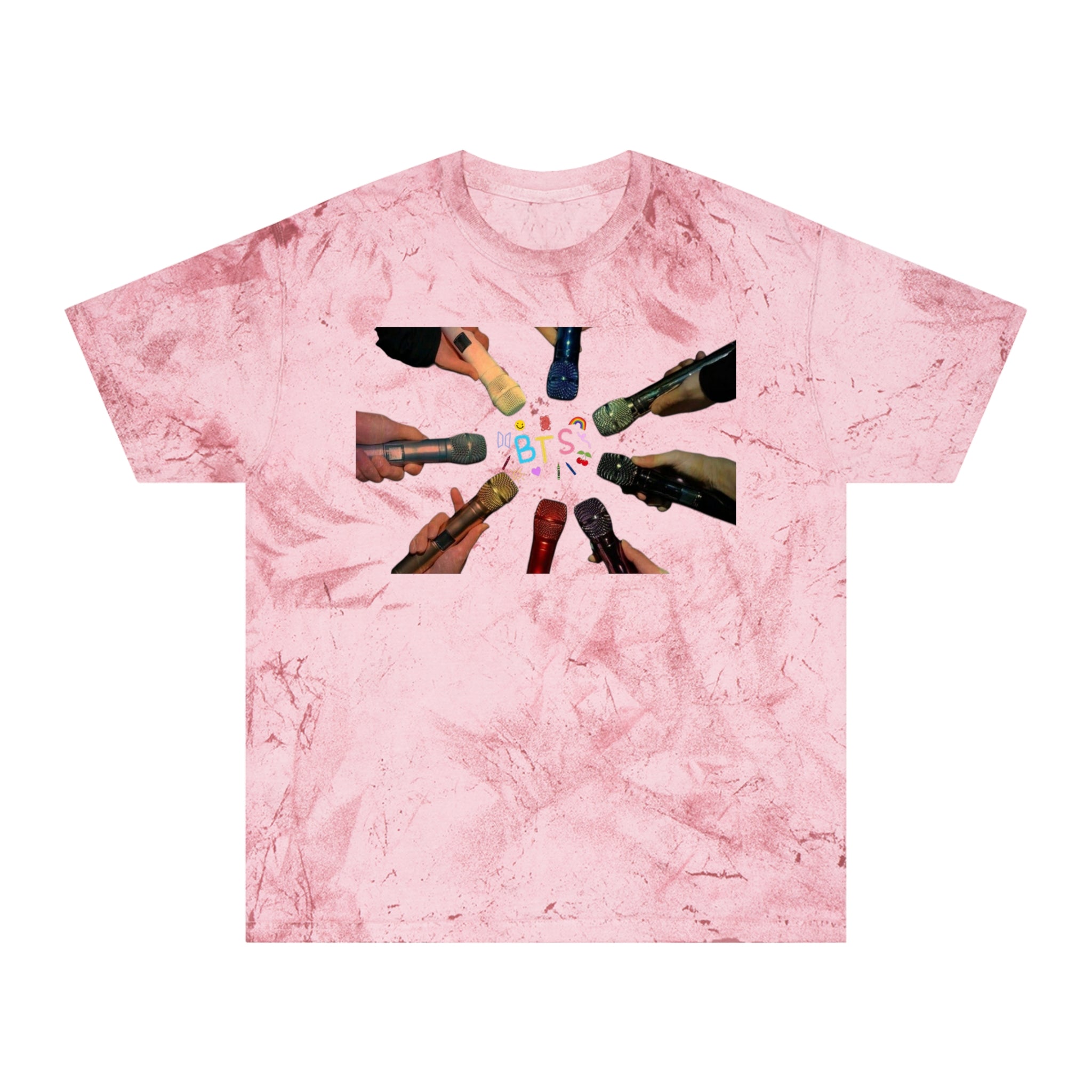 Colorful BTS concert T-shirt featuring rainbow mic and logo design, inspired by K-Pop and BTS concert fashion.