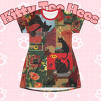 Cute casual cat print T-shirt dress featuring playful guitar and cat designs, perfect for cat lovers and casual wear.