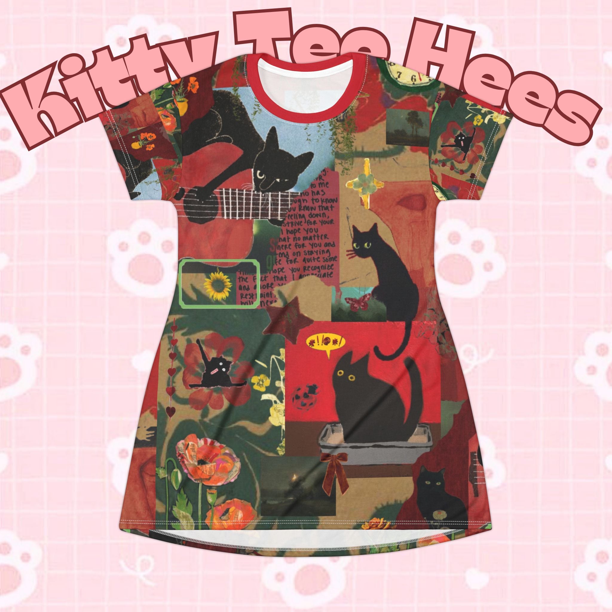 Cute casual cat print T-shirt dress featuring playful guitar and cat designs, perfect for cat lovers and casual wear.