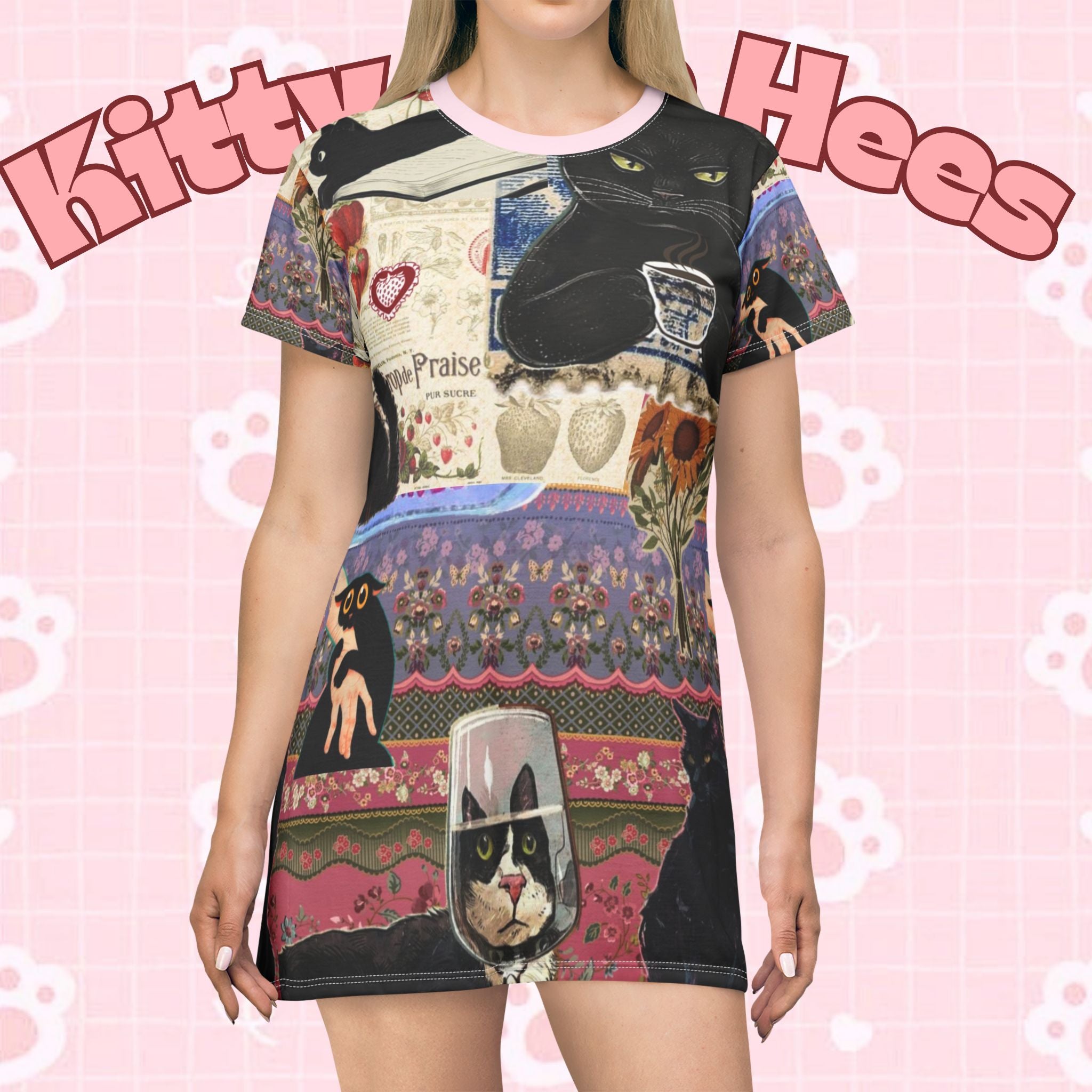 Black cat stripe T-shirt dress featuring all-over cat print, perfect for cat lovers and maximalist fashion enthusiasts.