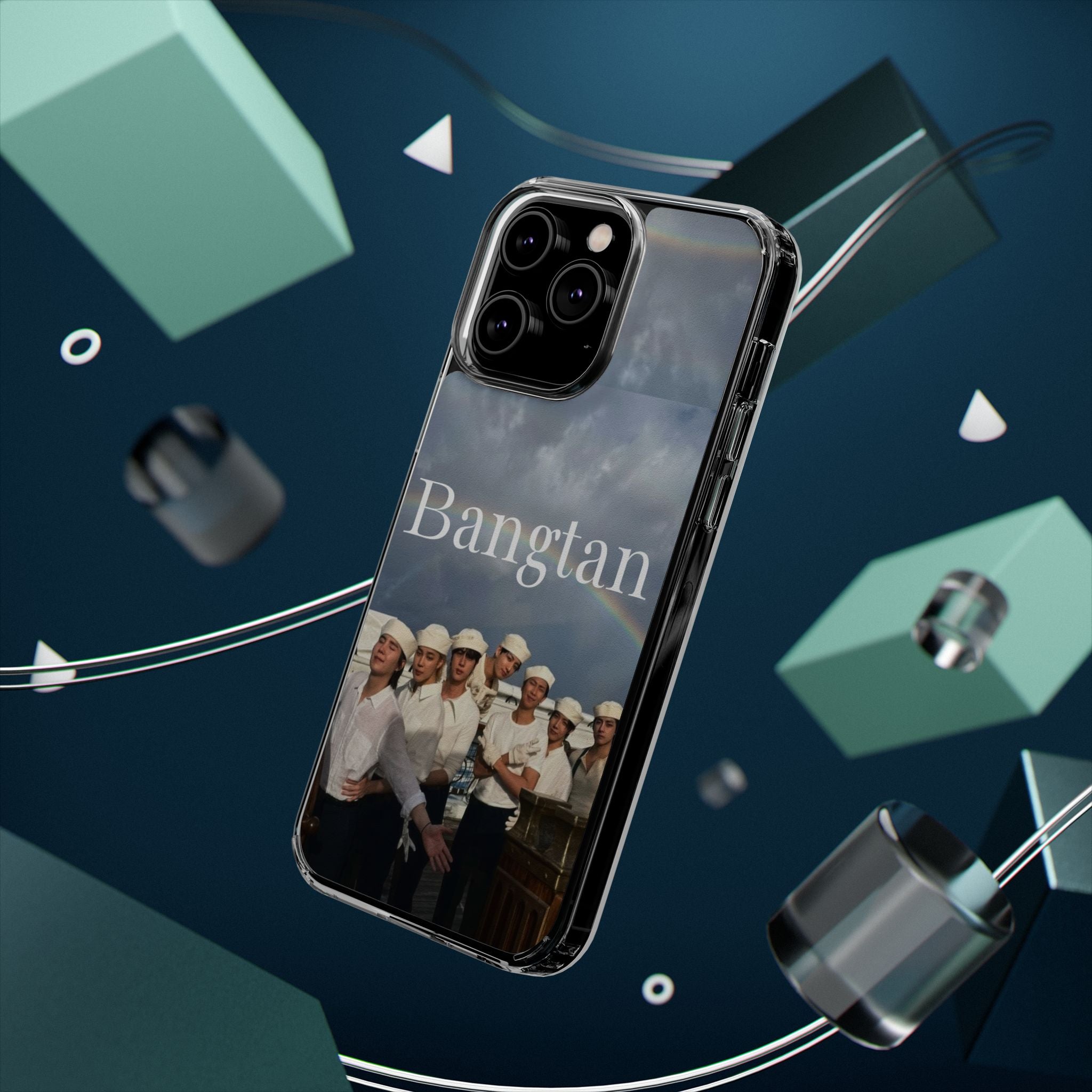 Clear impact-resistant phone case featuring cute Bangtan Boys K-pop design for smartphones.