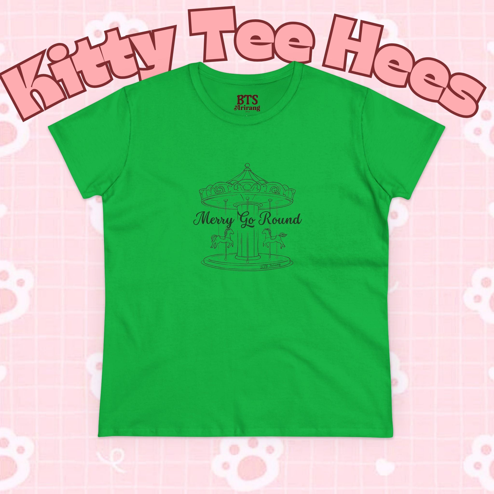 Printify Merry Go Round BTS Arirang 2026 album lyric script back print T-shirt featuring carousel sketch design.