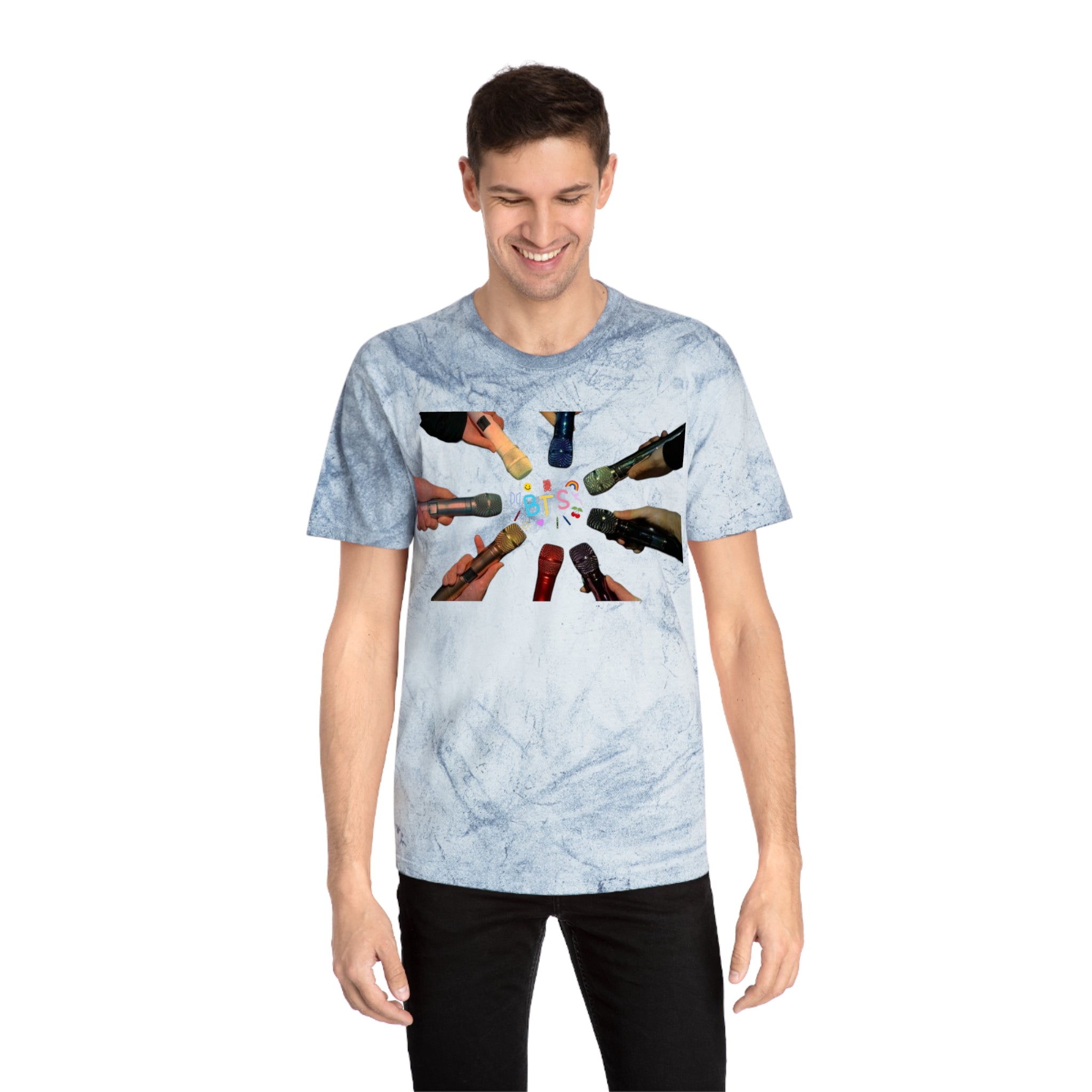 Colorful BTS concert T-shirt featuring rainbow mic and logo design, inspired K-Pop fan apparel by Printify.