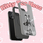 Monochrome BTS Jungkook phone case with impact-resistant design, featuring letter and image details on a Printify product.
