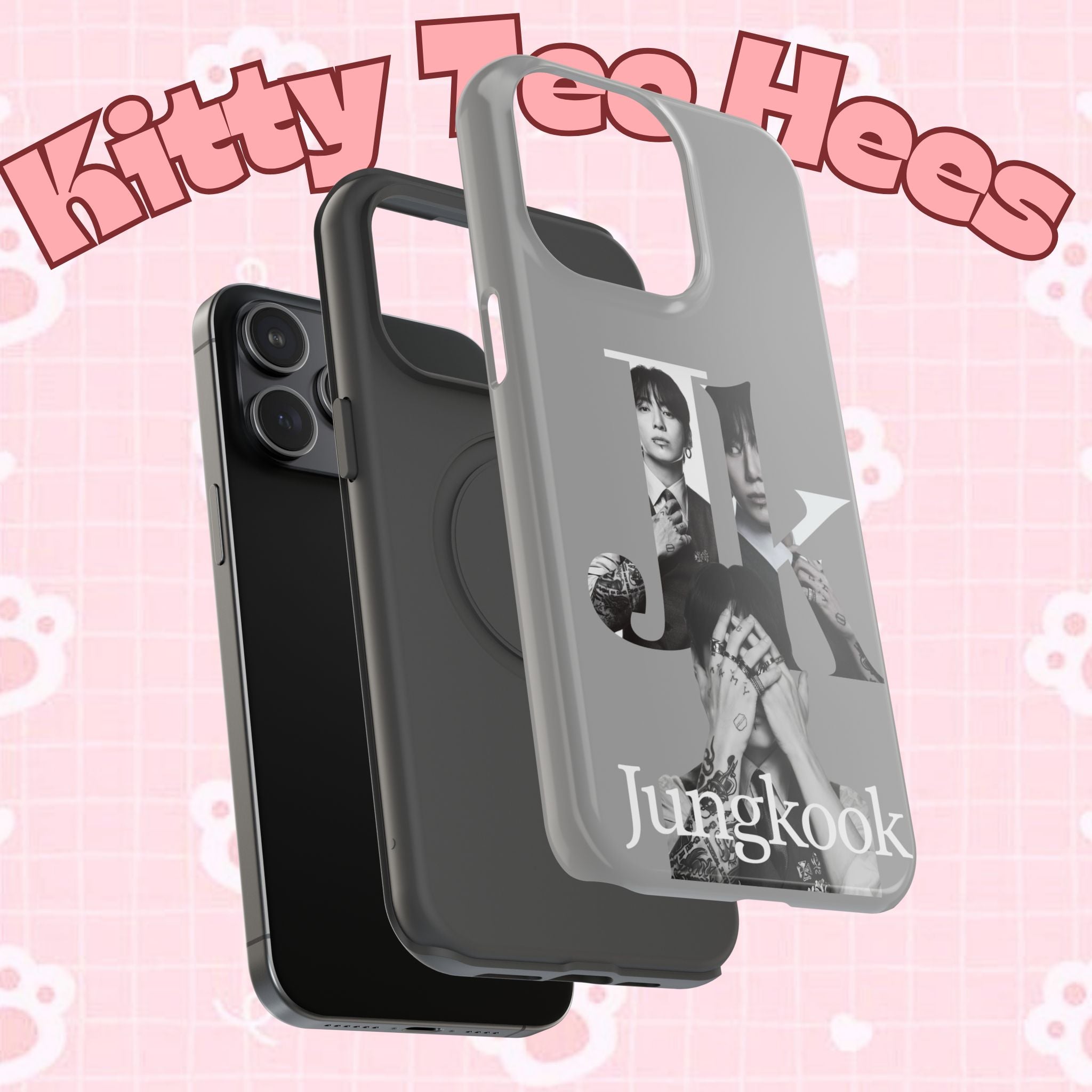 Monochrome BTS Jungkook phone case with impact-resistant design, featuring letter and image details on a Printify product.
