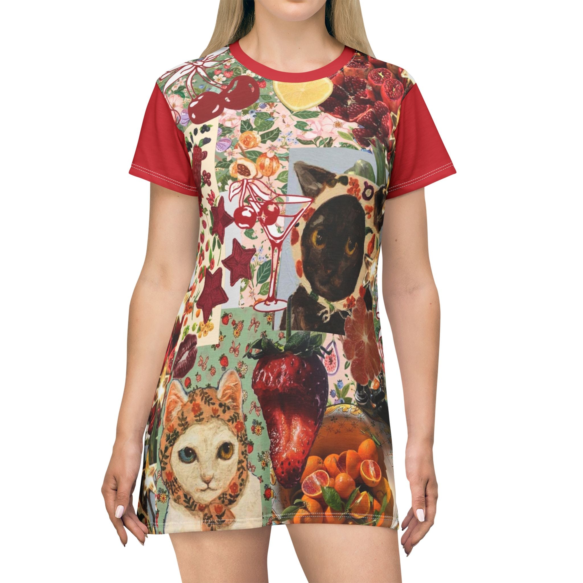 Babyshka Babushka cat print T-shirt dress with all-over colorful cat designs, casual summer mini dress for cat lovers.