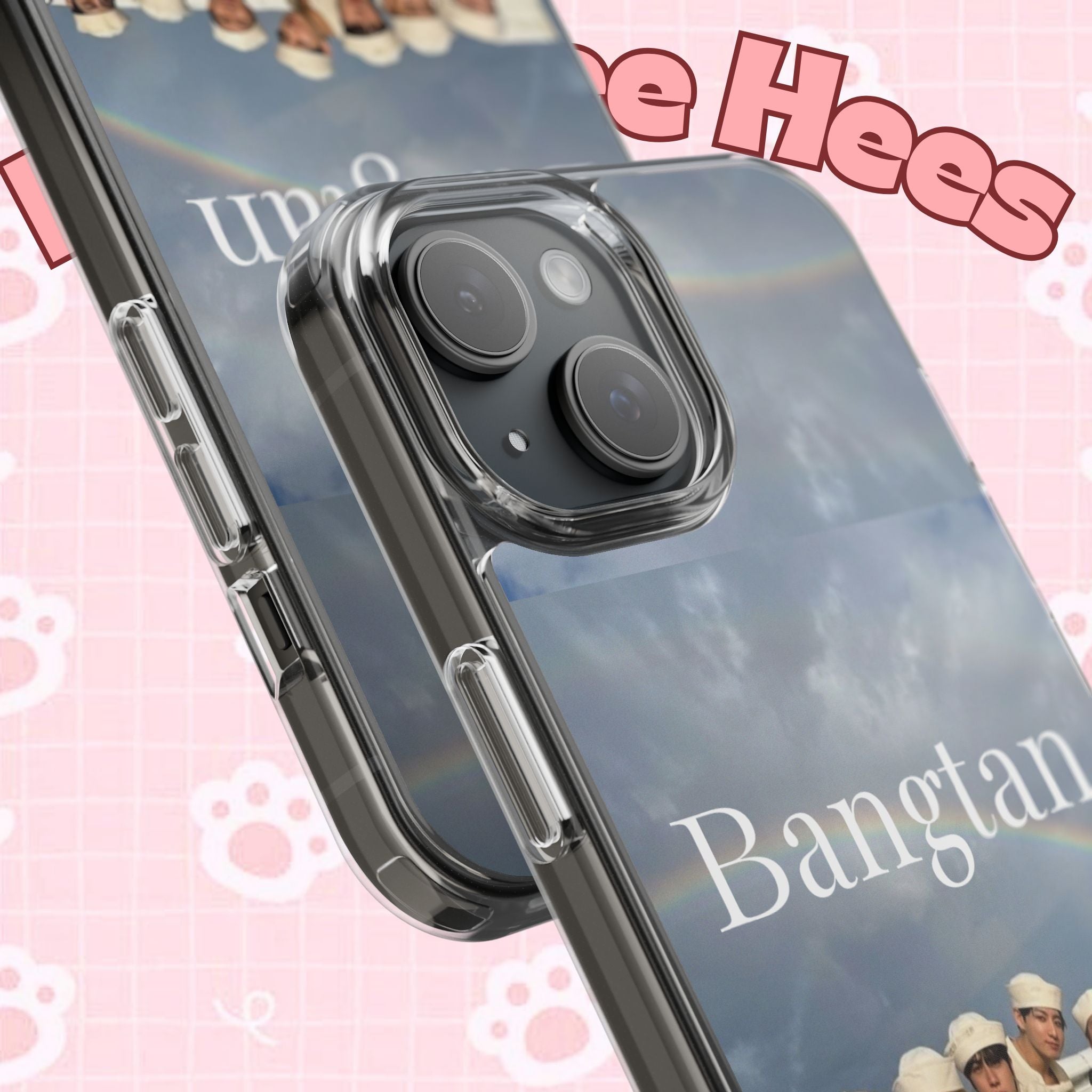Clear impact-resistant phone case featuring cute Bangtan BTS design, compatible with smartphones for stylish protection.