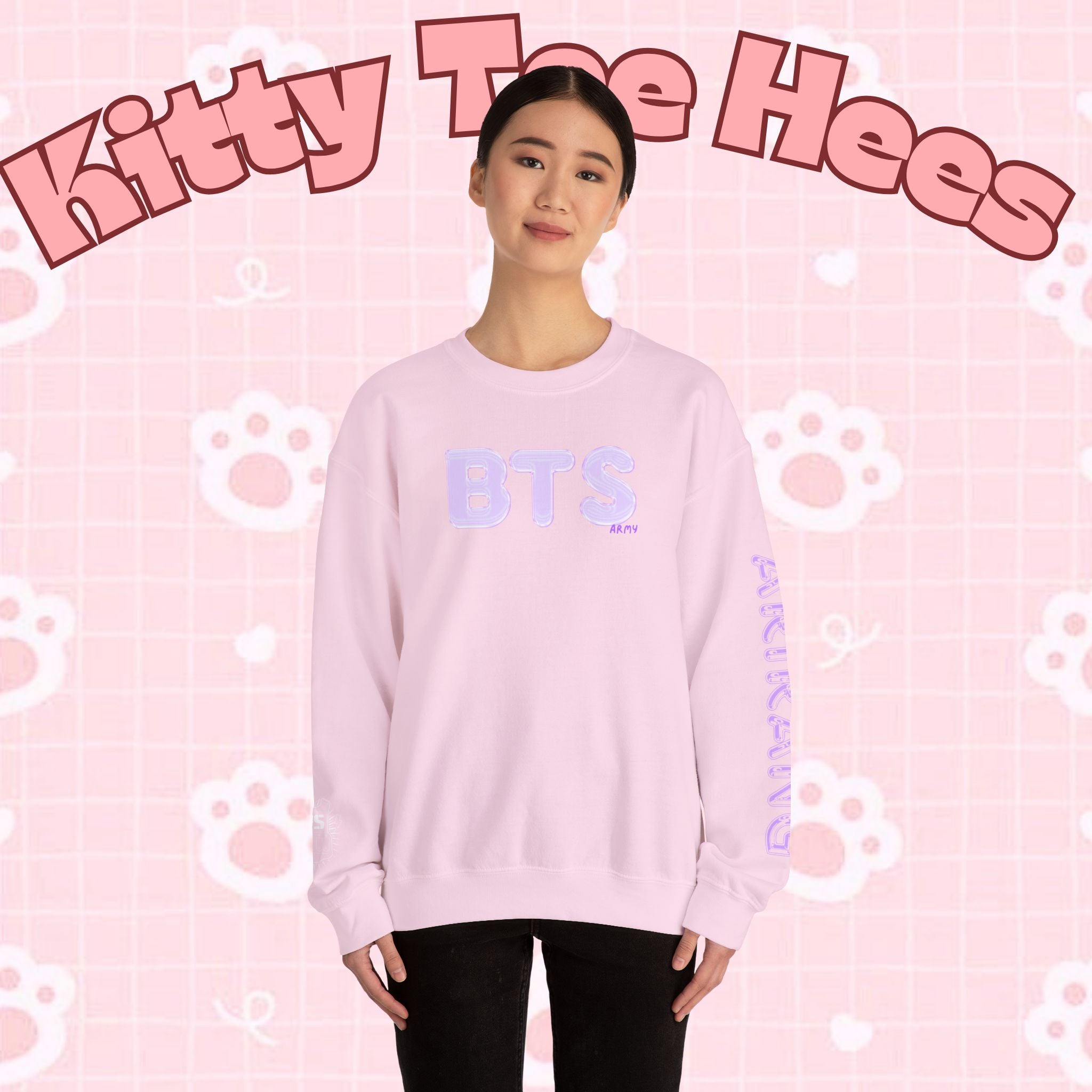 Lavender print BTS Logo Arirang crewneck sweatshirt by Printify, featuring K-pop band design and comfortable pullover style.