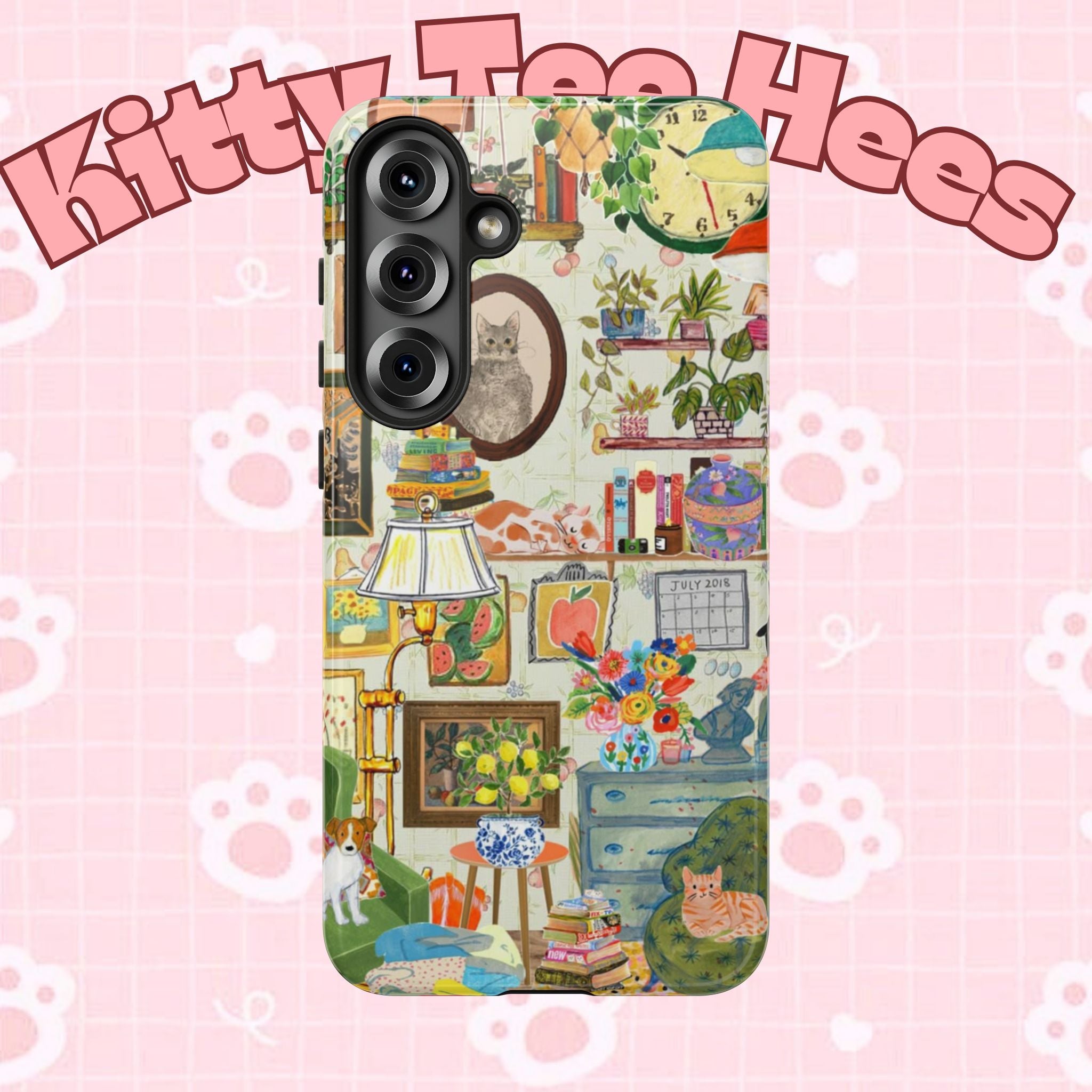 Cute cat portrait phone case for iPhone 17 by Printify, featuring a cozy living room pet home design on a stylish protective cover.