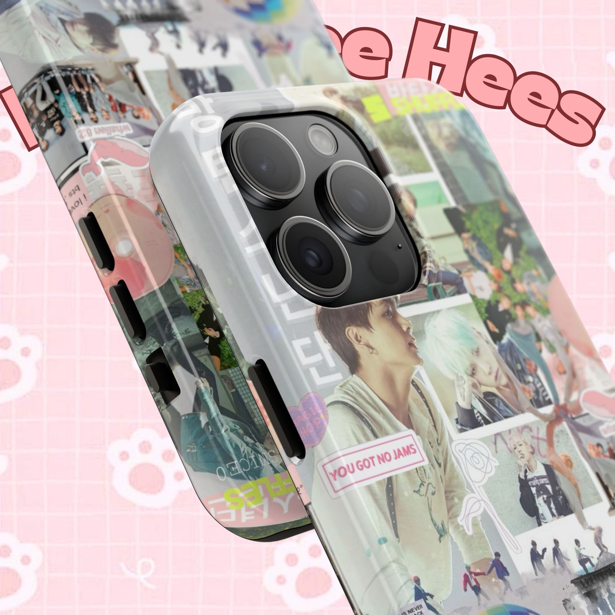 BTS collage phone case for iPhone and Samsung with pastel hot air balloon design, featuring K-Pop photo collage and tough protective cover.