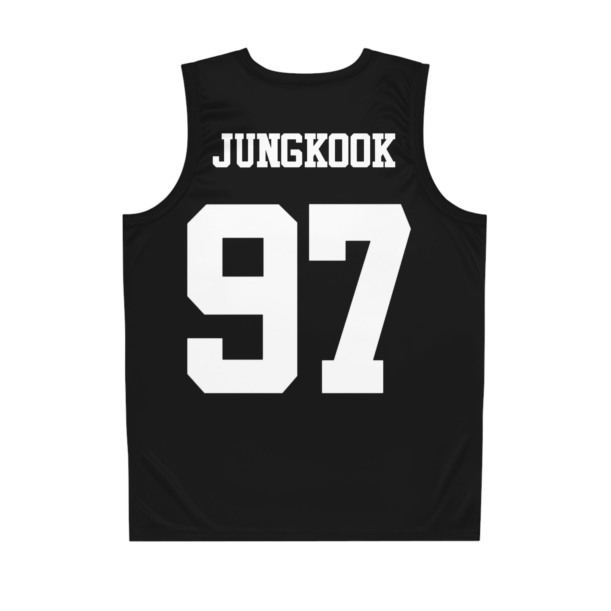 Custom BTS Jungkook jersey shirt with all-over print, classic K-pop style, 97 basketball jersey design by Printify.