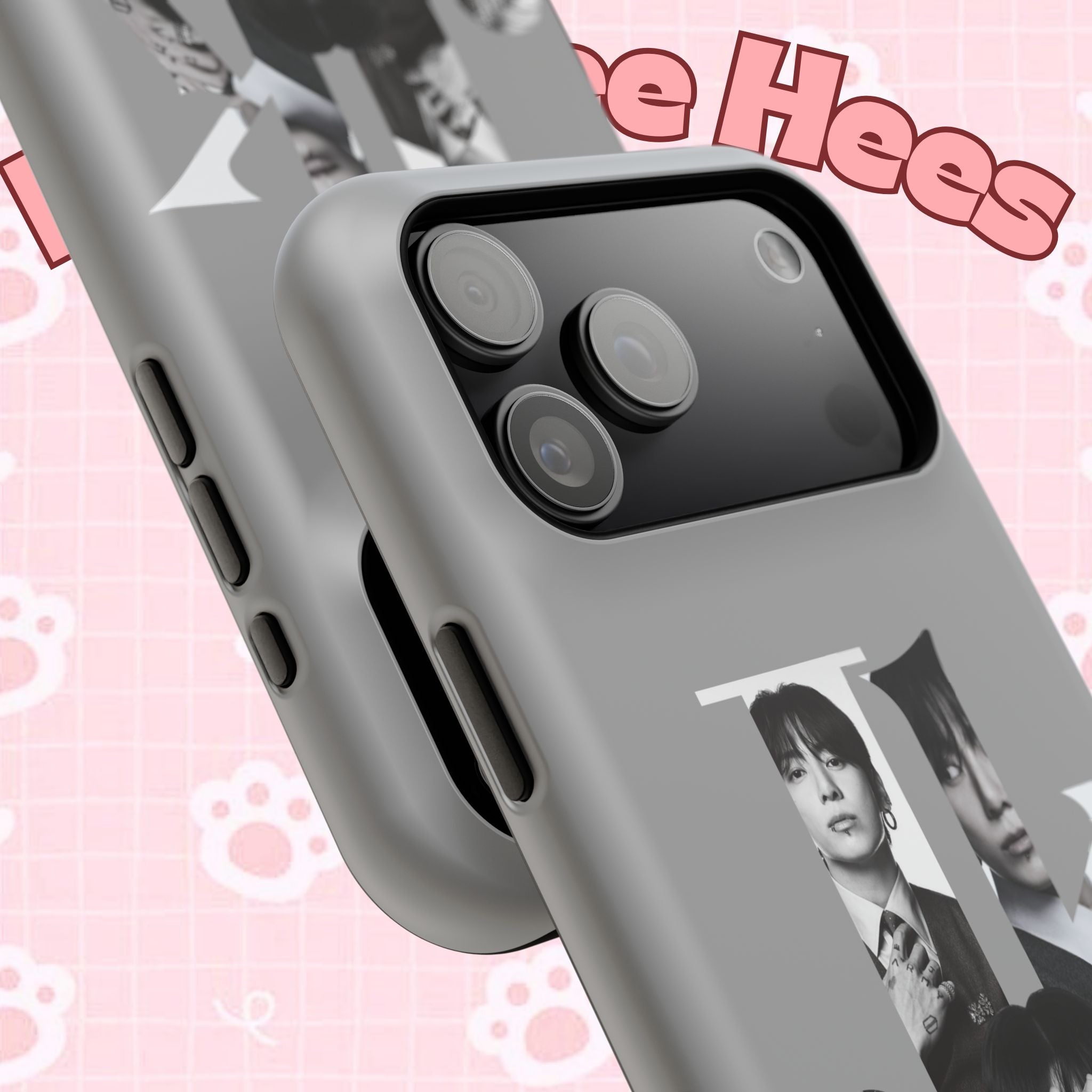 Monochrome BTS Jungkook phone case with letter design, impact-resistant Printify phone case for BTS fans.