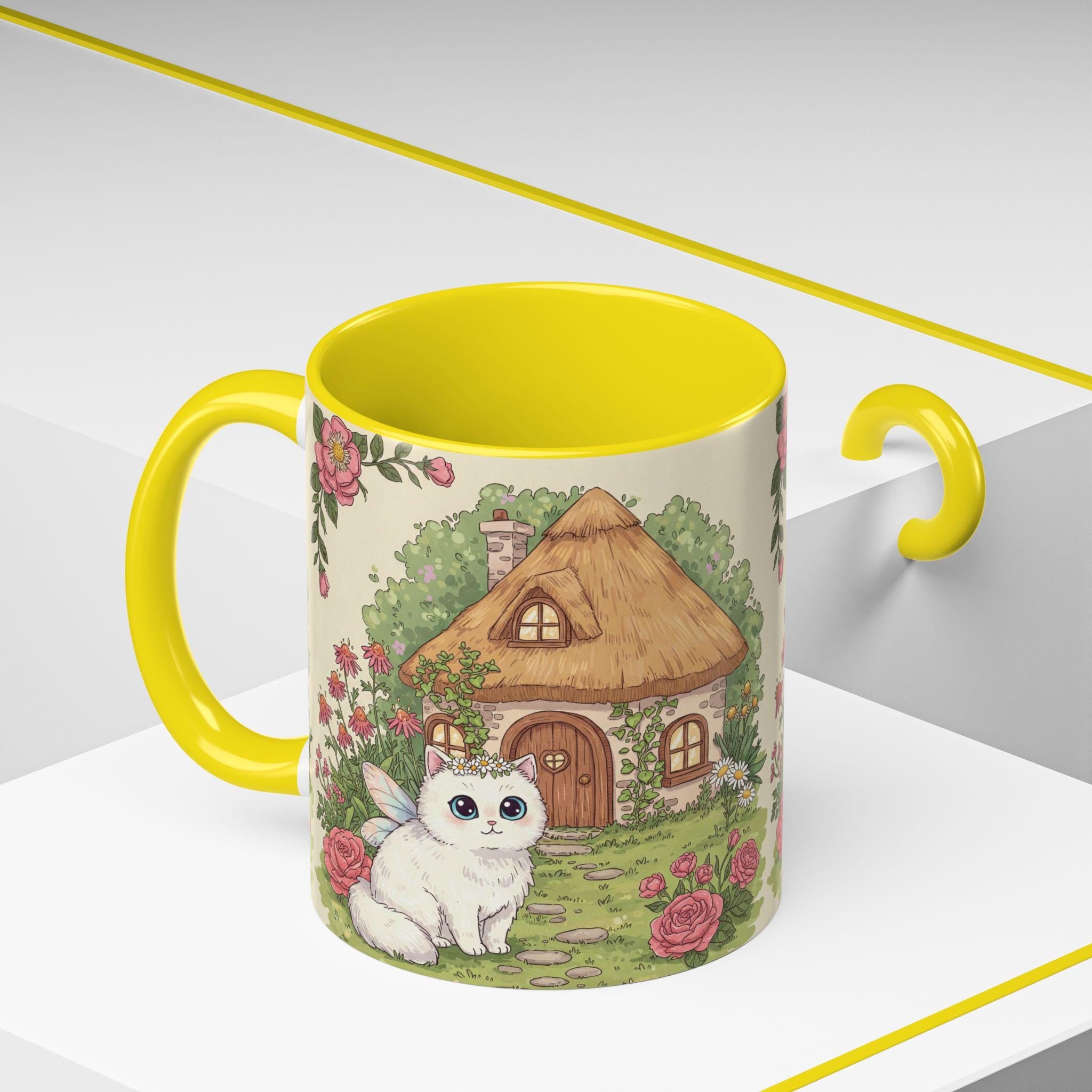 Cottage Fairy Cat Coffee Mug: Whimsical Floral Design - Kitty TeeHees