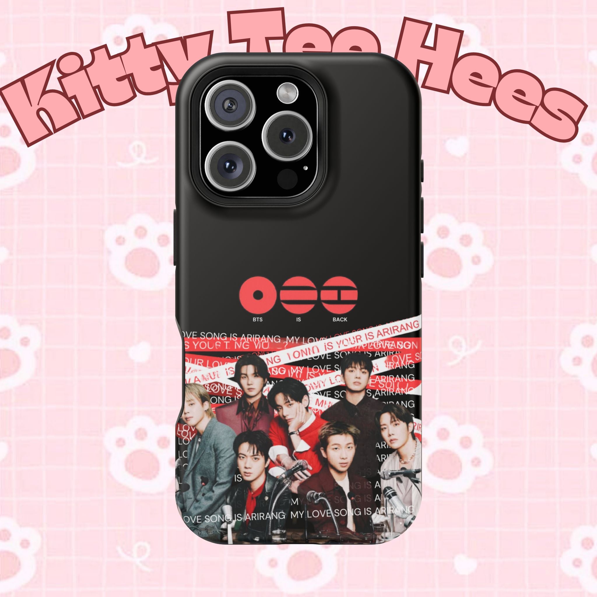 Printify BTS Bangtan phone case featuring fanmade K-Pop concert design, impact-resistant phone cover with BTS Arirang imagery.