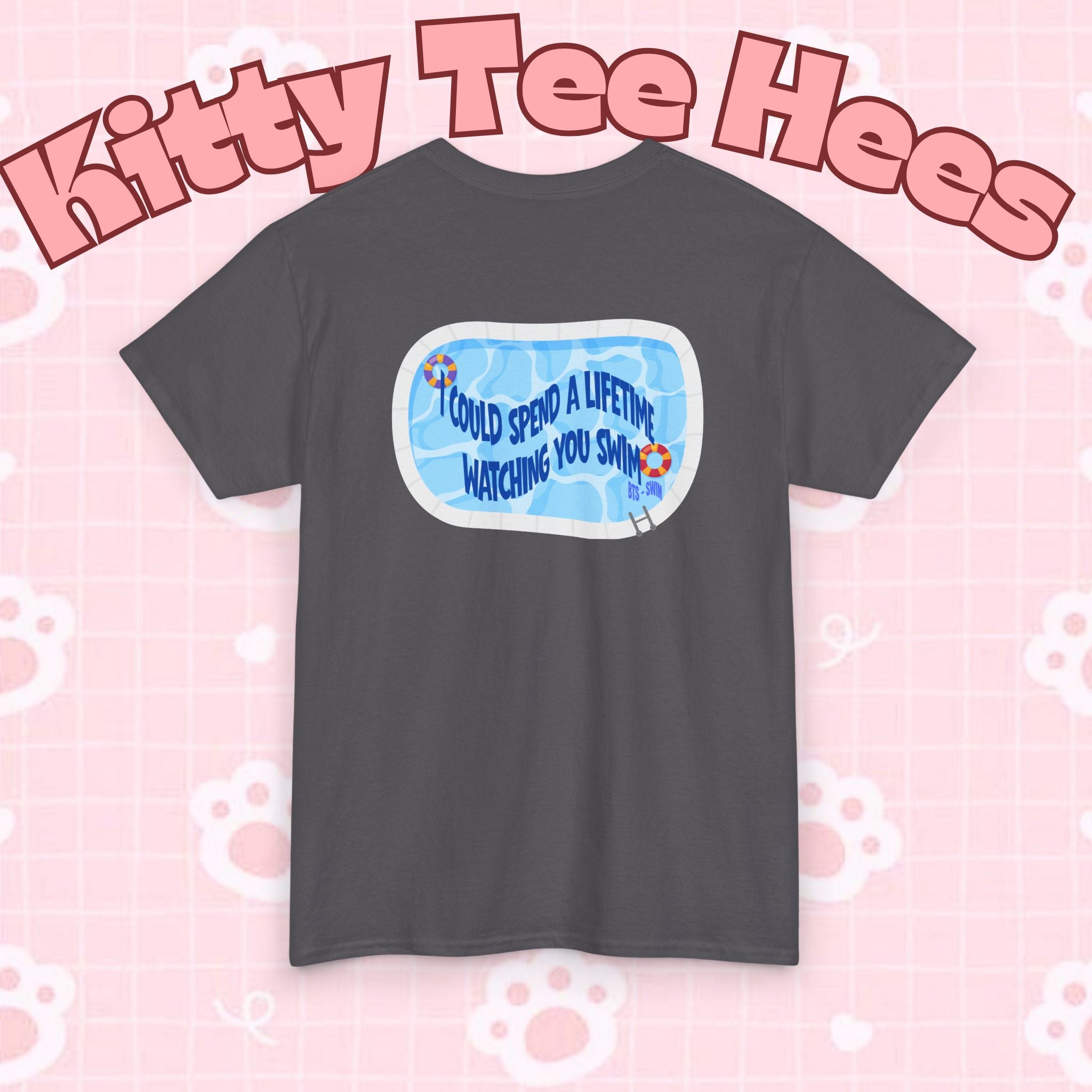 Printify BTS swim graphic T-shirt featuring a pool scene and "I could spend a lifetime watching you swim" text, casual concert tee.