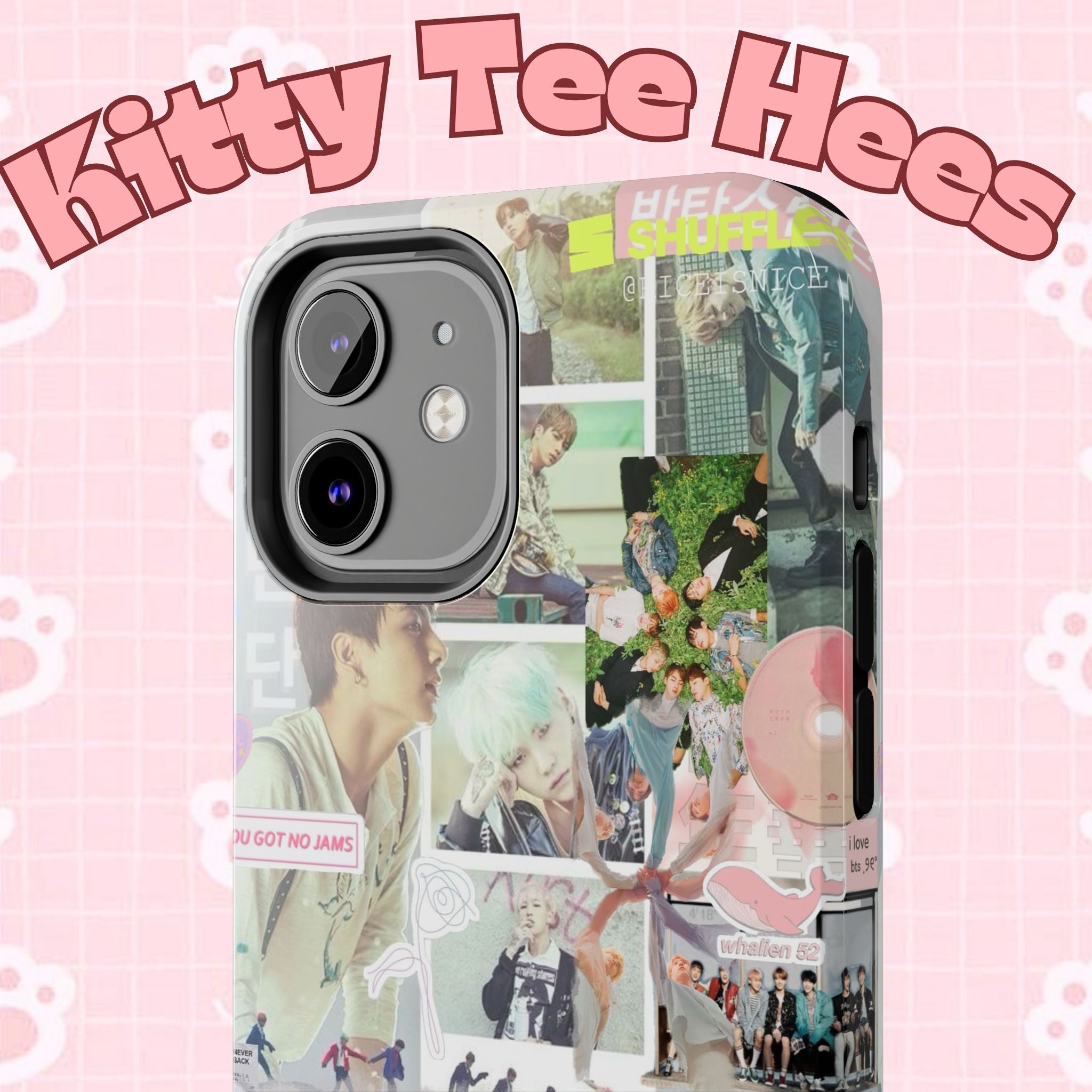 Printify BTS collage phone case for iPhone and Samsung featuring pastel hot air balloon and K-Pop photo collage design.